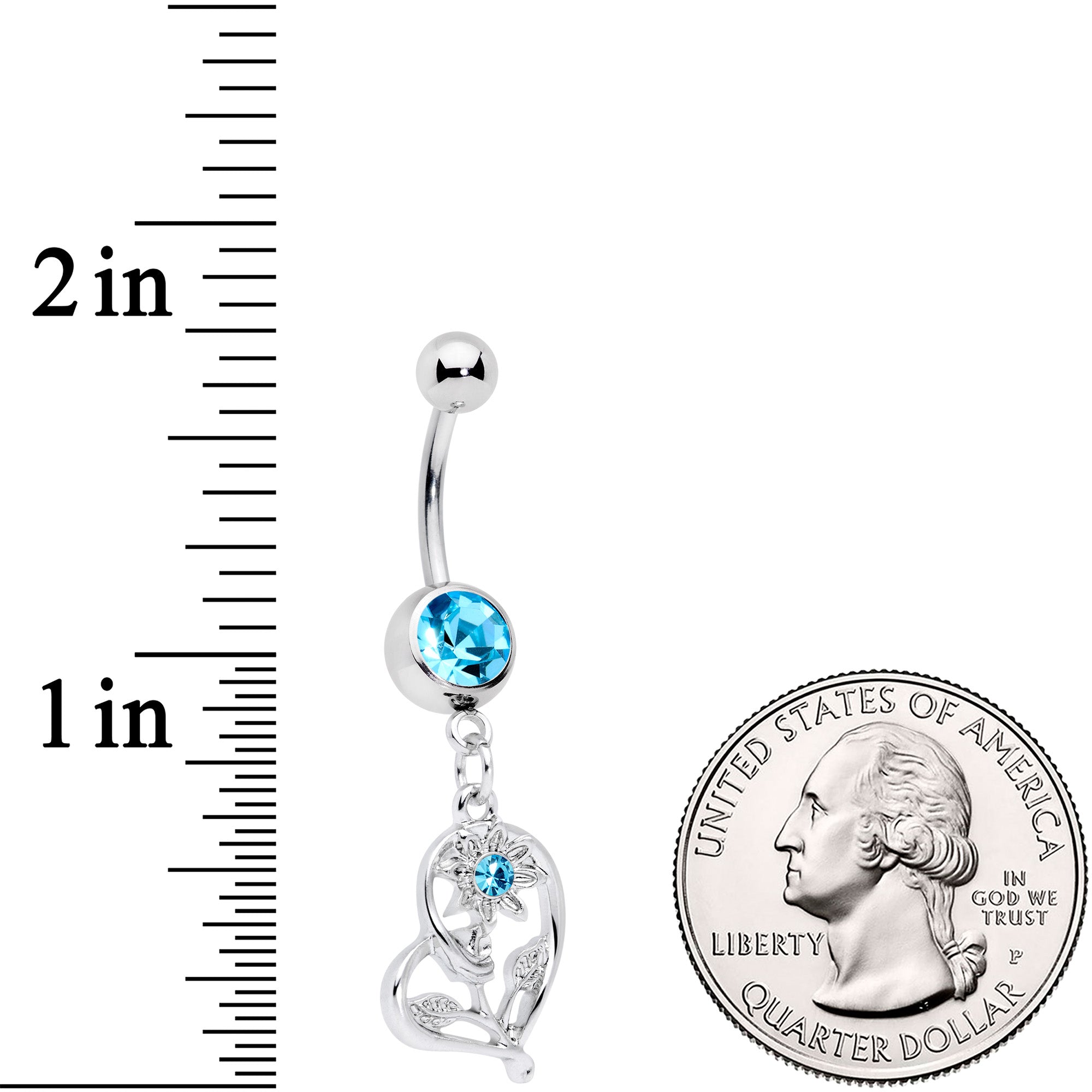 Aqua Gem Blossoming Heart Flower Dangle Belly Ring