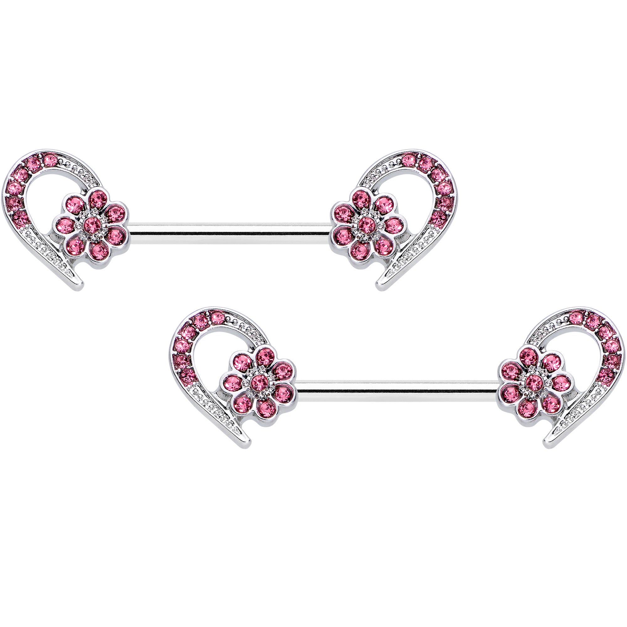 14 Gauge 9/16 Pink Gem Flower Heart Barbell Nipple Ring Set