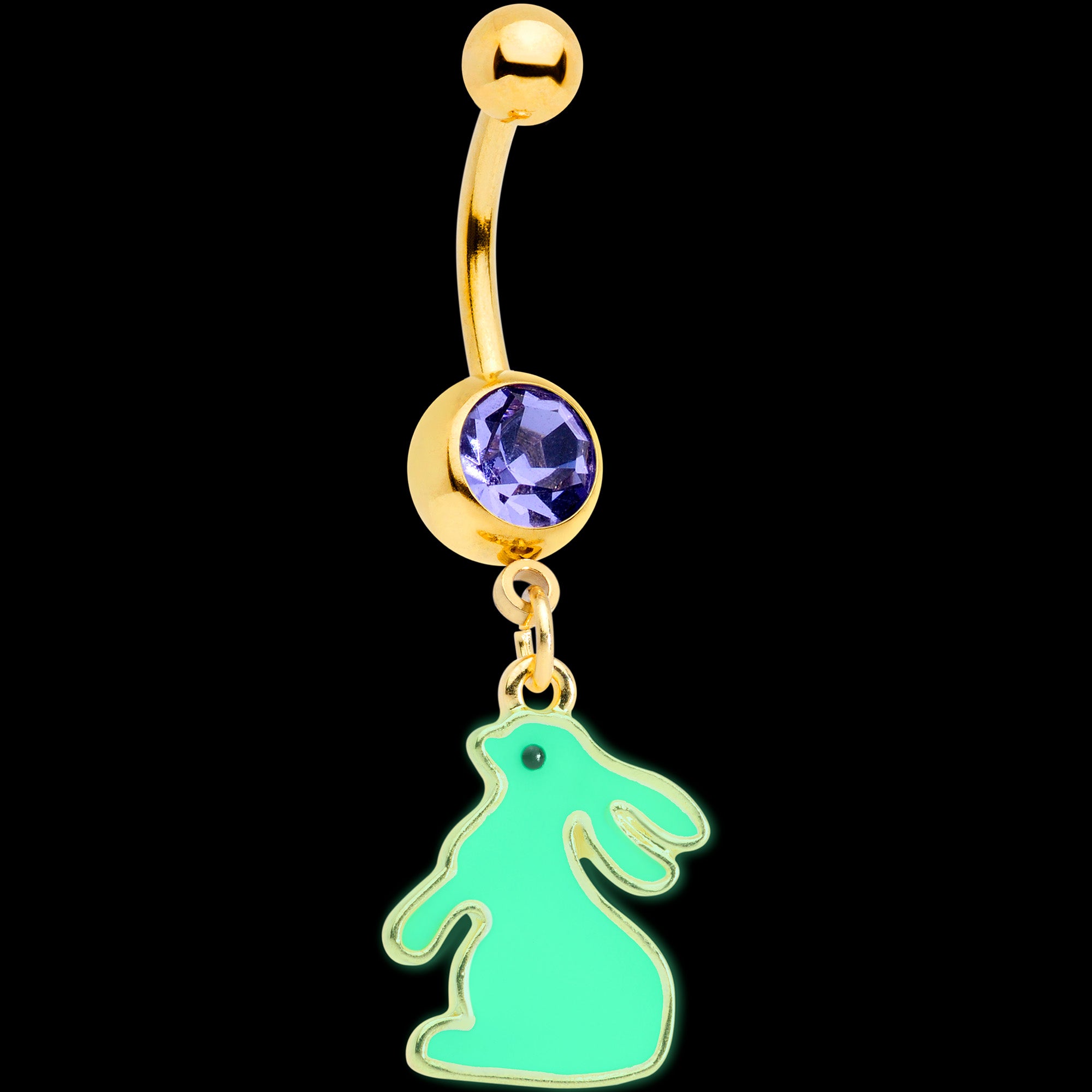 Purple Gem Gold Tone Easter Bunny Glow in the Dark Dangle Belly Ring