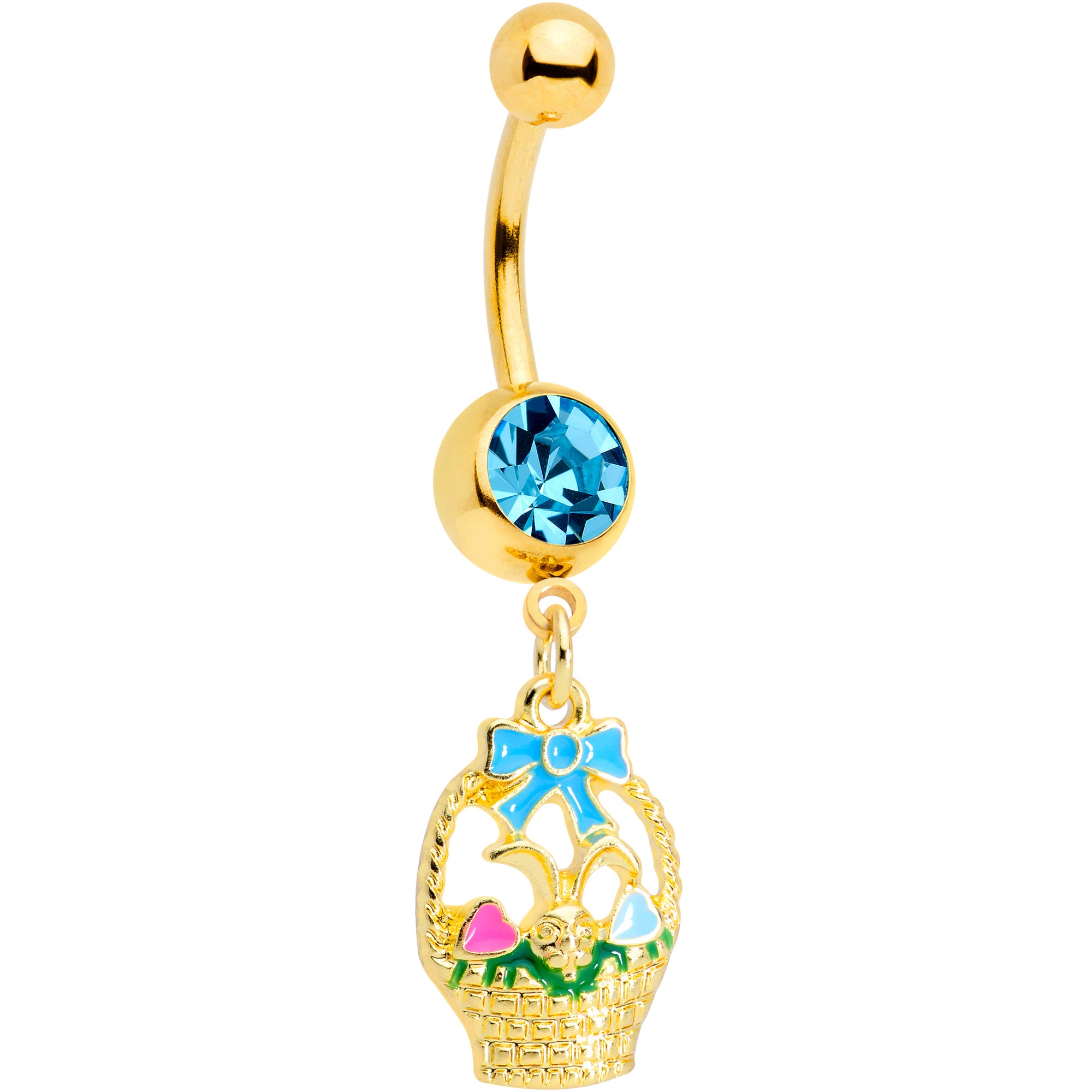 Aqua Gem Gold Tone Easter Basket Dangle Belly Ring