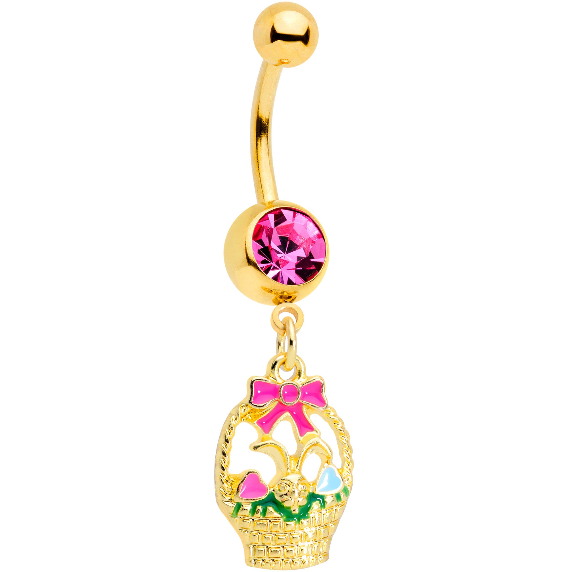 Pink Gem Gold Tone Easter Basket Dangle Belly Ring