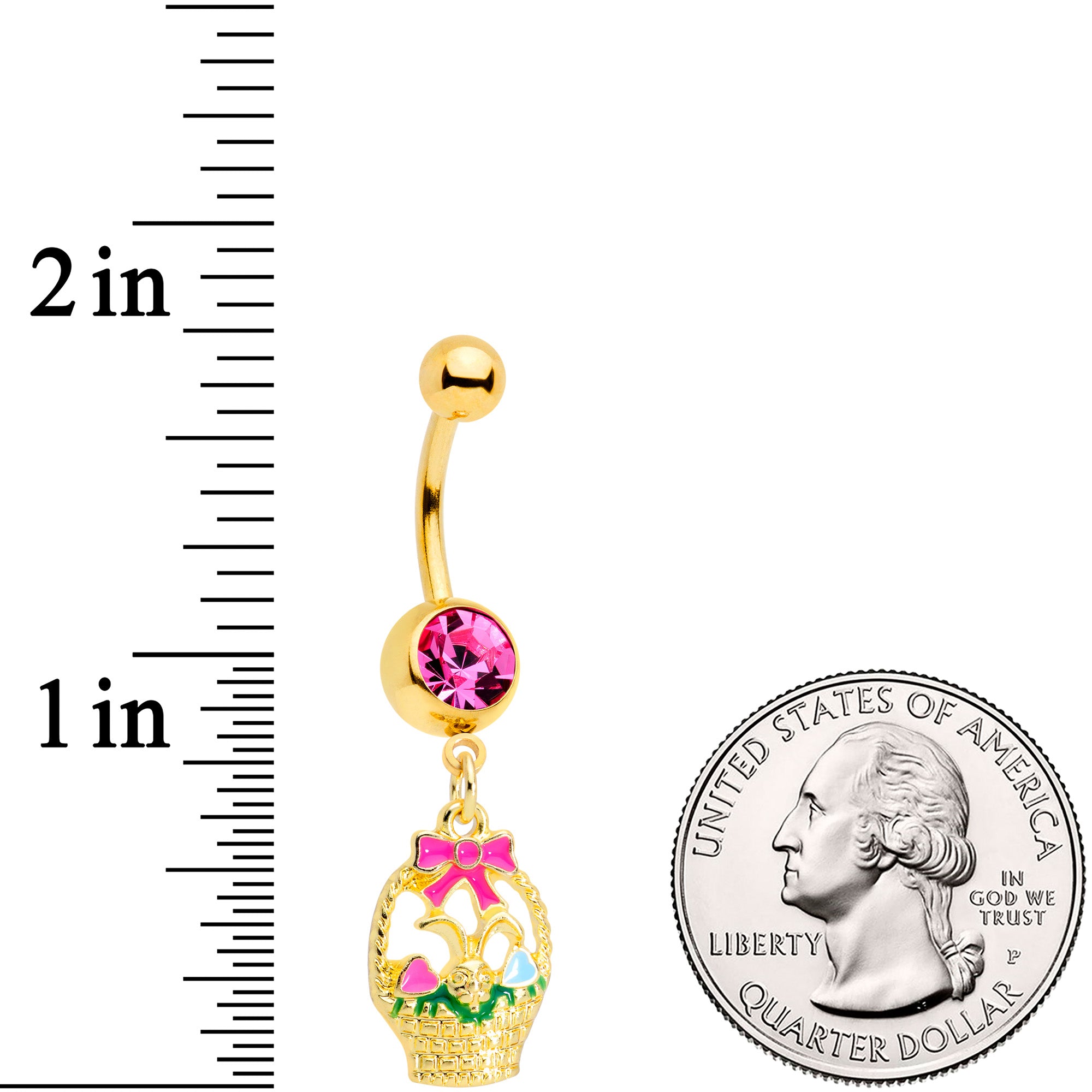 Pink Gem Gold Tone Easter Basket Dangle Belly Ring