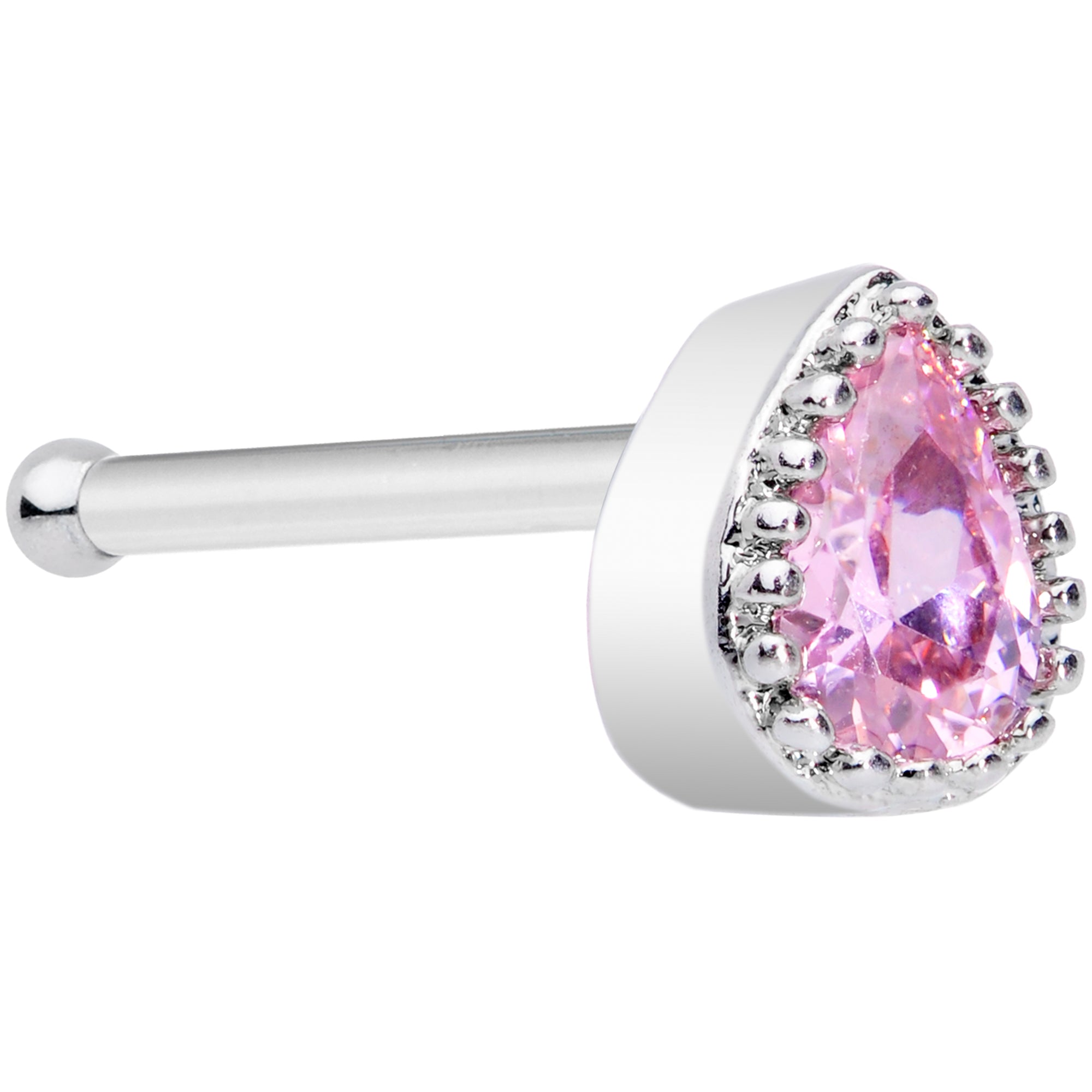 20 Gauge 1/4 Pink CZ Gem Teardrop Nose Bone