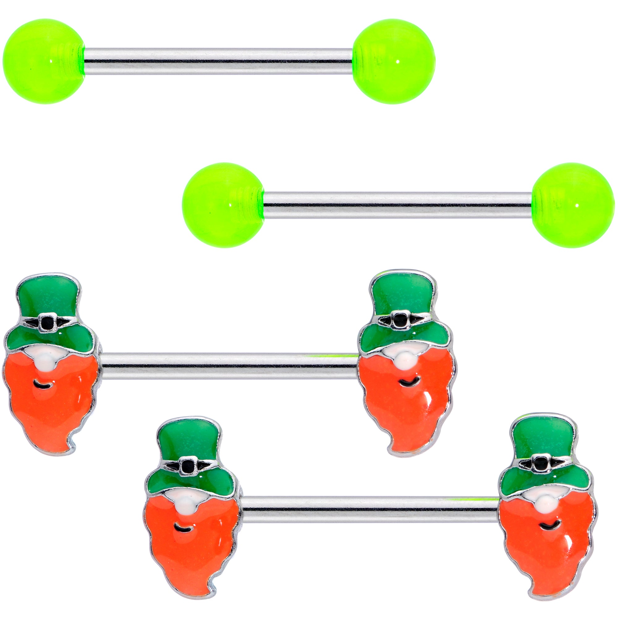 14 Gauge 9/16 Green Leprechaun St Patricks Day Nipple Ring Set of 4