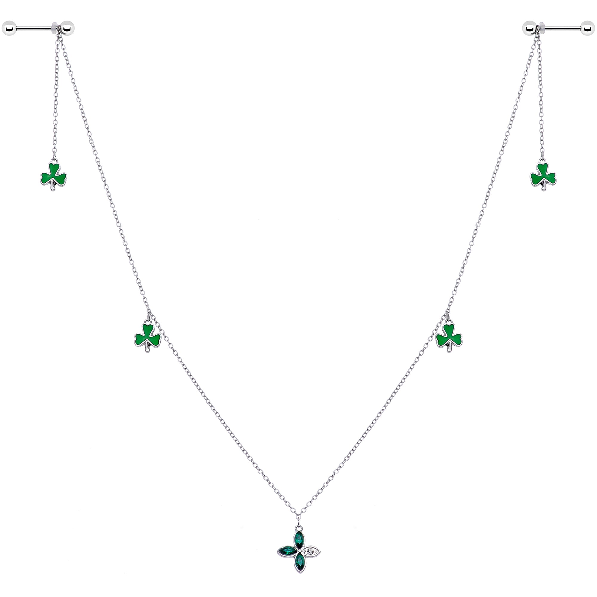 14 Gauge 9/16 Green Gem Shamrock St Patricks Day Dangle Nipple Chain