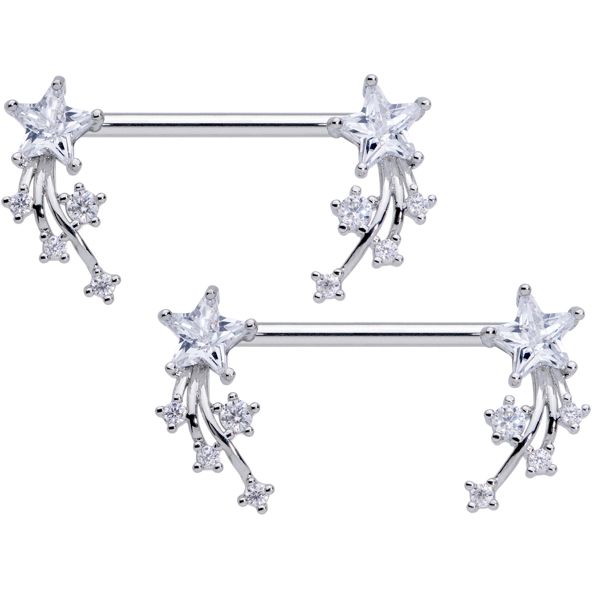 14 Gauge 5/8 Clear CZ Gem Shooting Star Barbell Nipple Ring Set