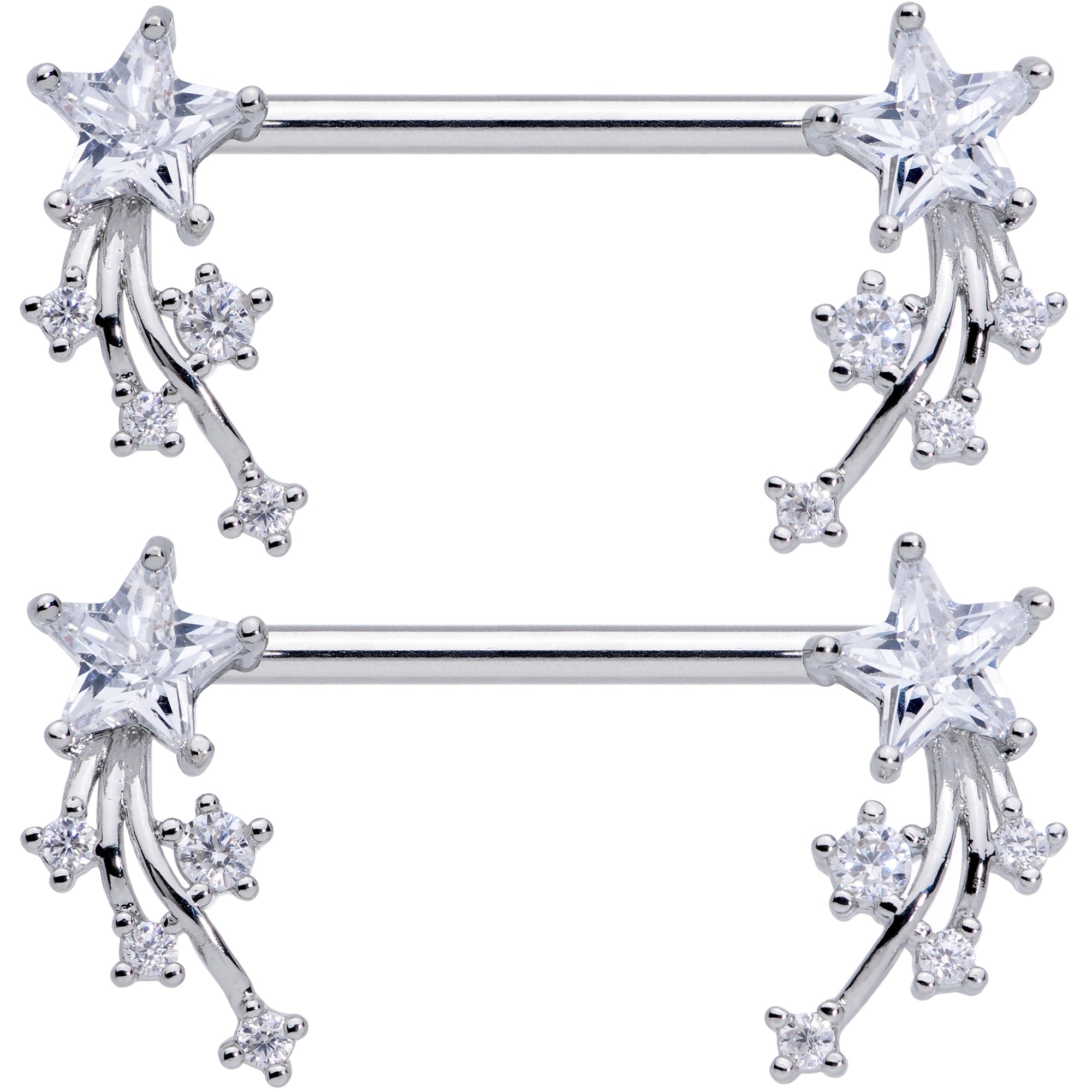 14 Gauge 5/8 Clear CZ Gem Shooting Star Barbell Nipple Ring Set