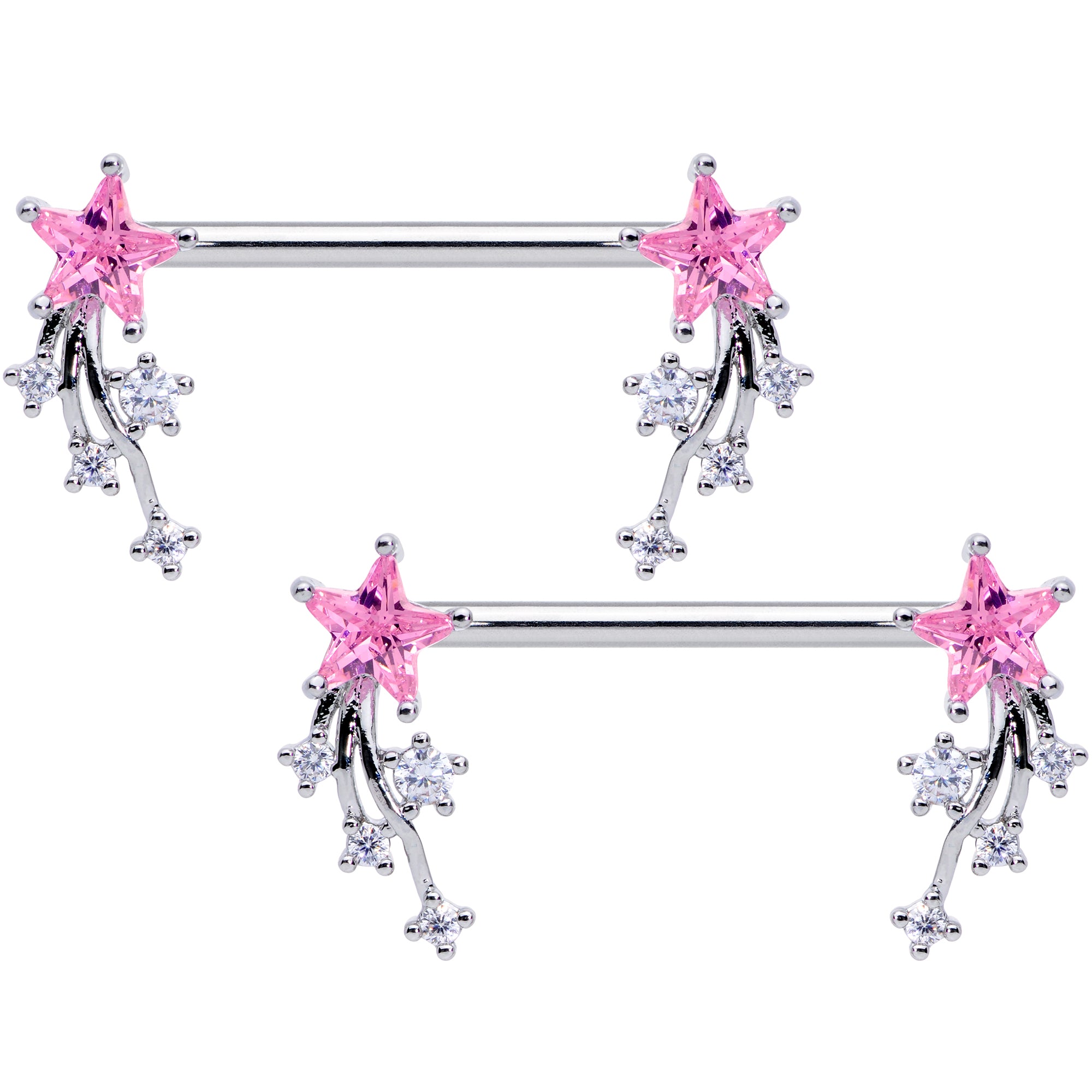 14 Gauge 5/8 Pink Clear CZ Gem Shooting Star Barbell Nipple Ring Set