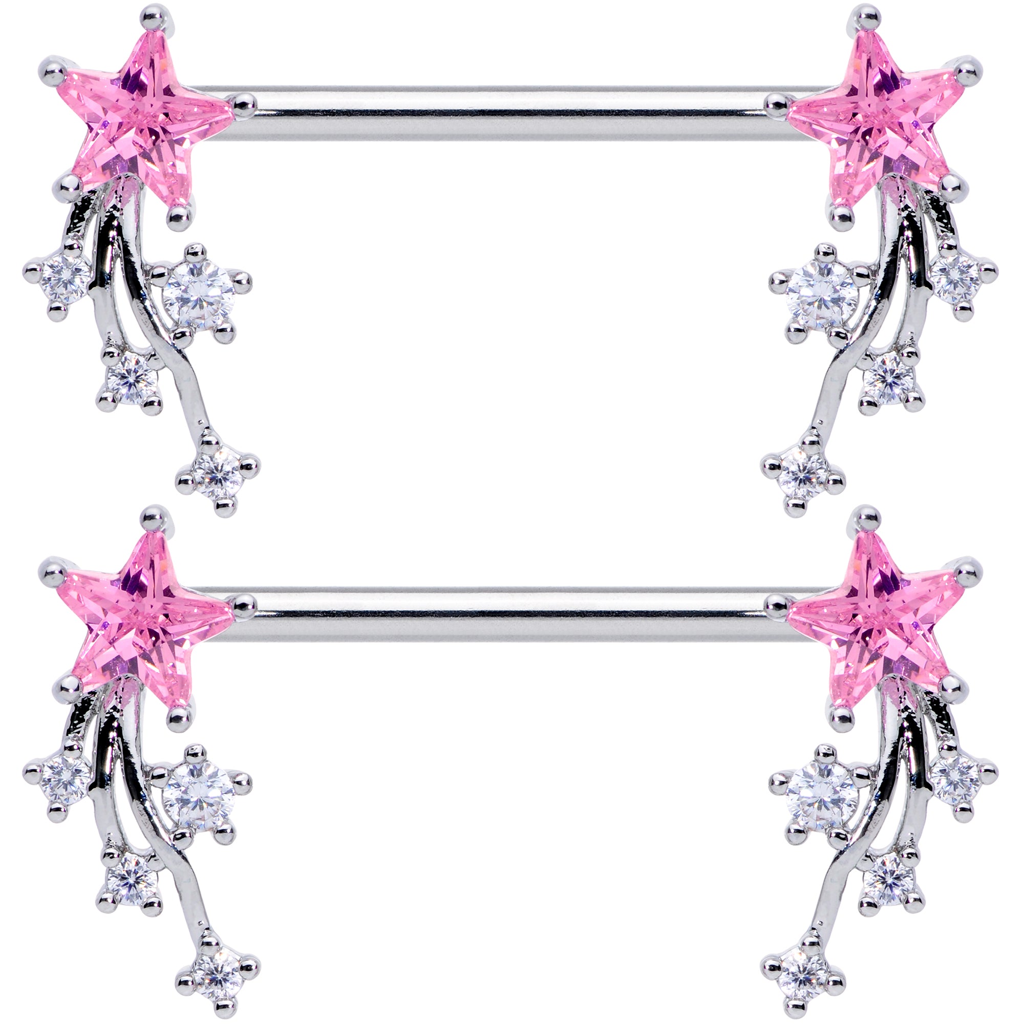 14 Gauge 5/8 Pink Clear CZ Gem Shooting Star Barbell Nipple Ring Set