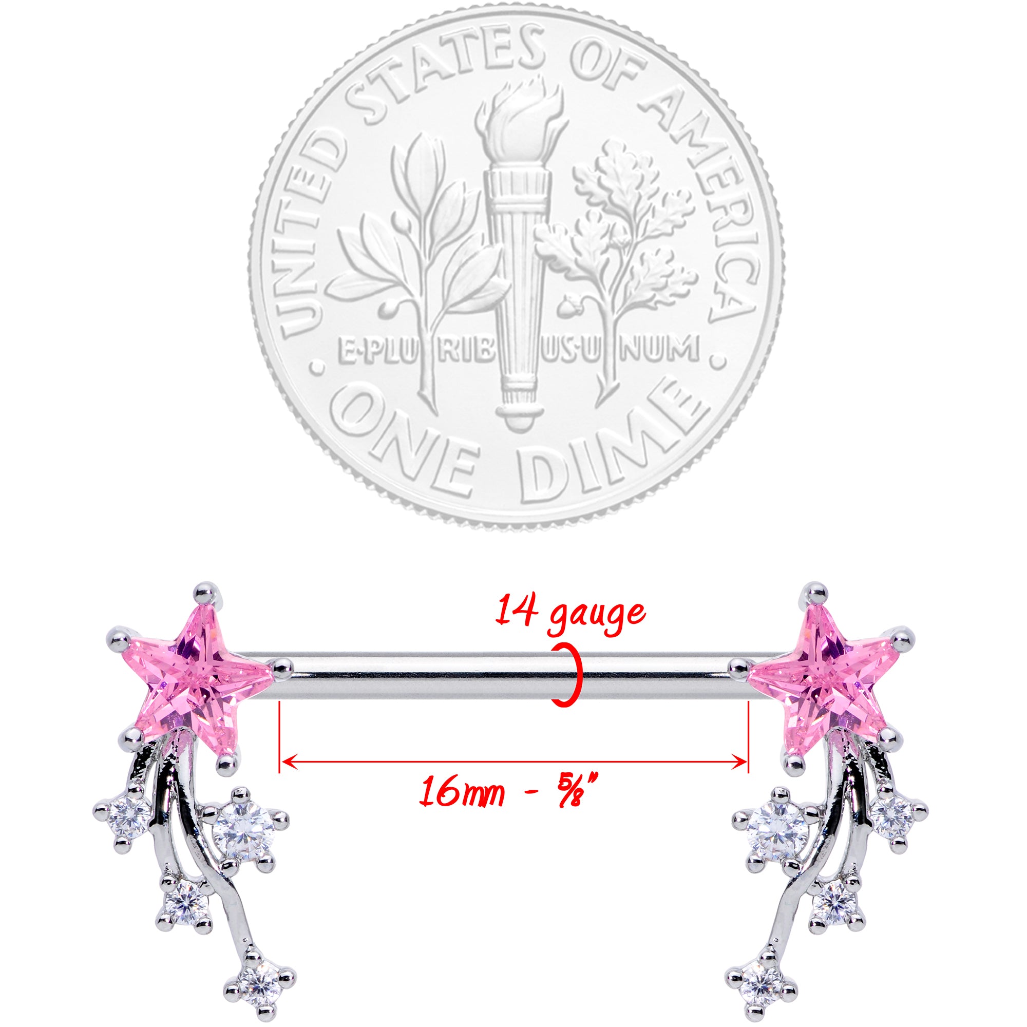 14 Gauge 5/8 Pink Clear CZ Gem Shooting Star Barbell Nipple Ring Set