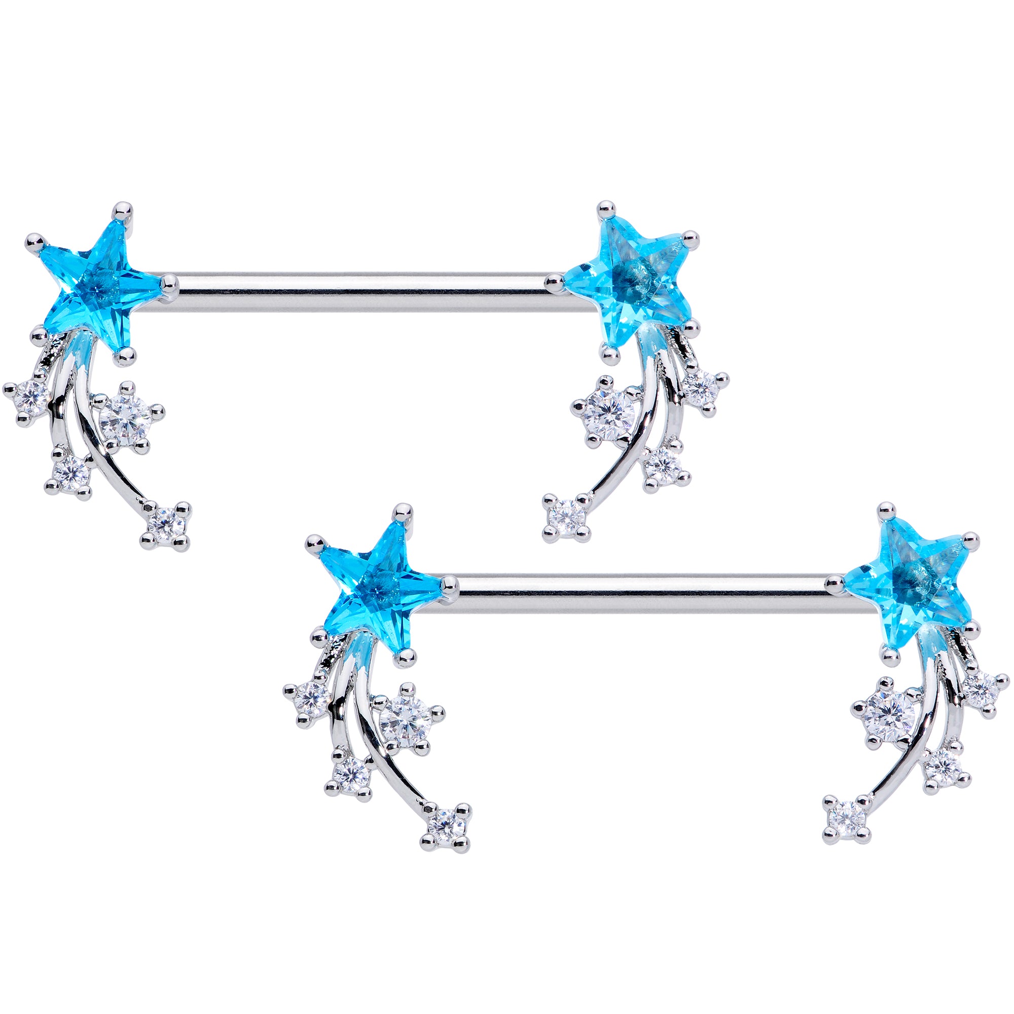 14 Gauge 5/8 Aqua Clear CZ Gem Shooting Star Barbell Nipple Ring Set