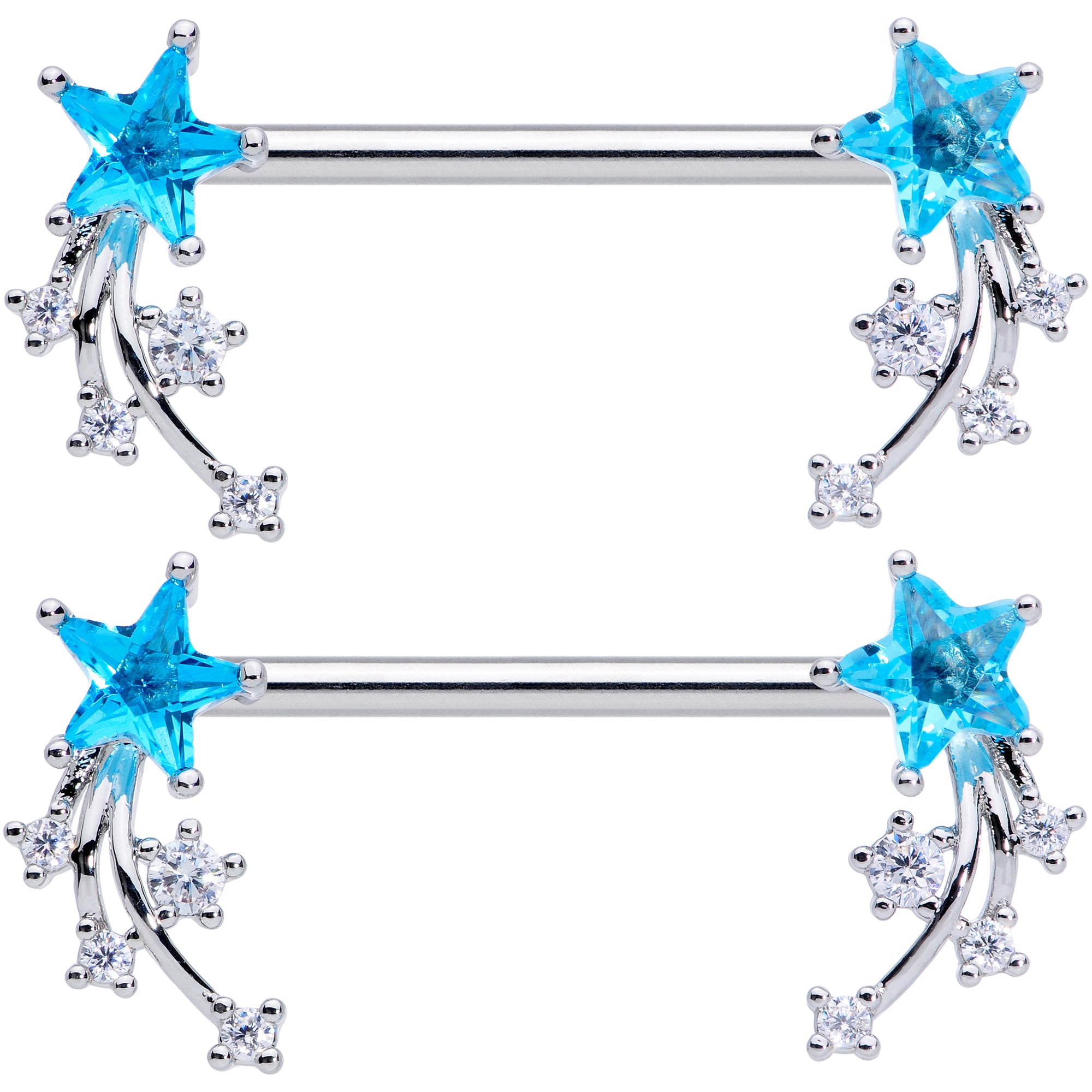 14 Gauge 5/8 Aqua Clear CZ Gem Shooting Star Barbell Nipple Ring Set