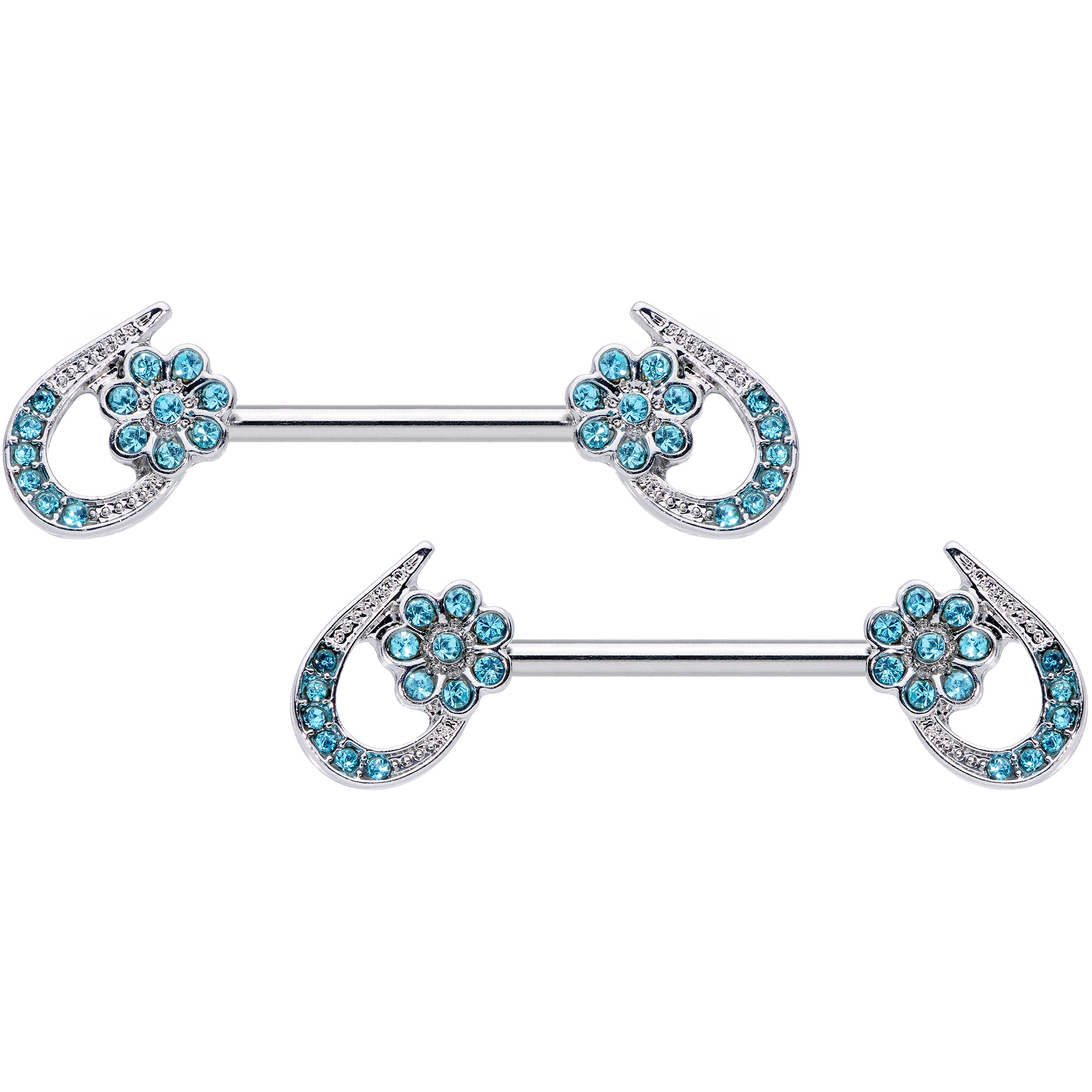 14 Gauge 5/8 Aqua Gem Heart Flower Barbell Nipple Ring Set