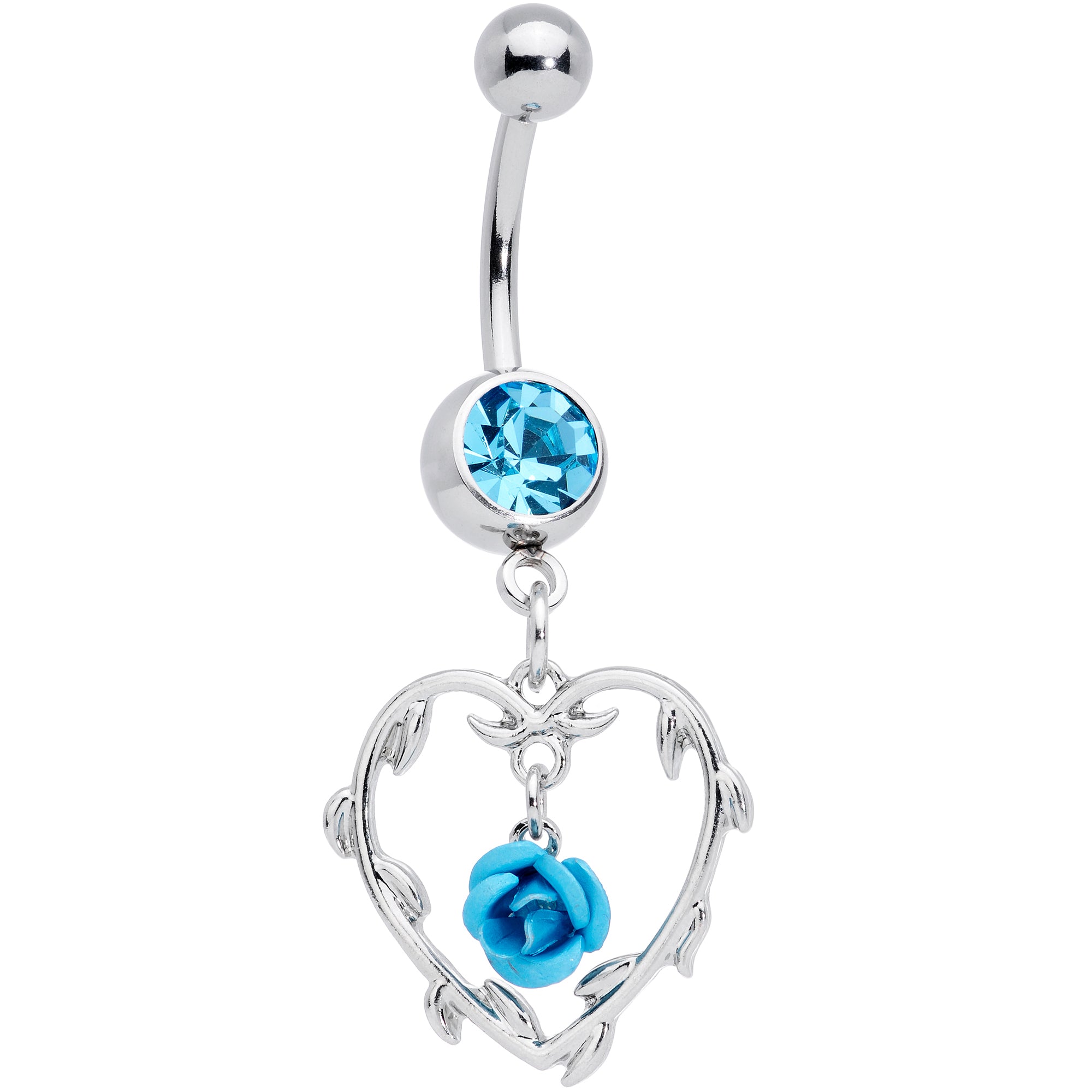 Aqua Gem Rose Heart Valentines Day Dangle Belly Ring