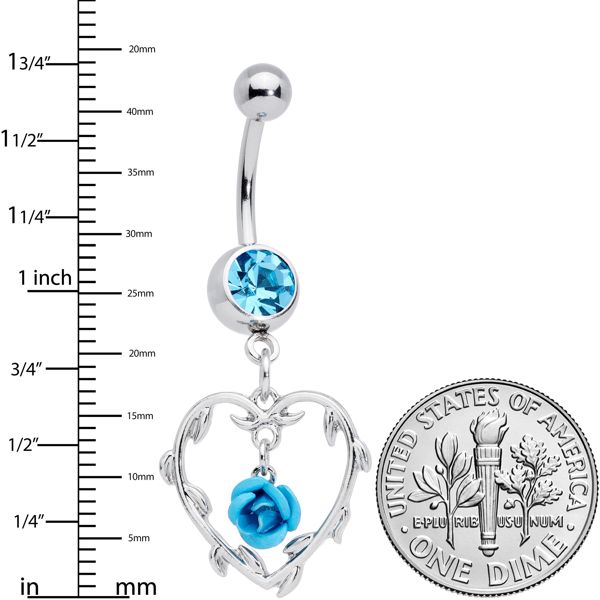 Aqua Gem Rose Heart Valentines Day Dangle Belly Ring