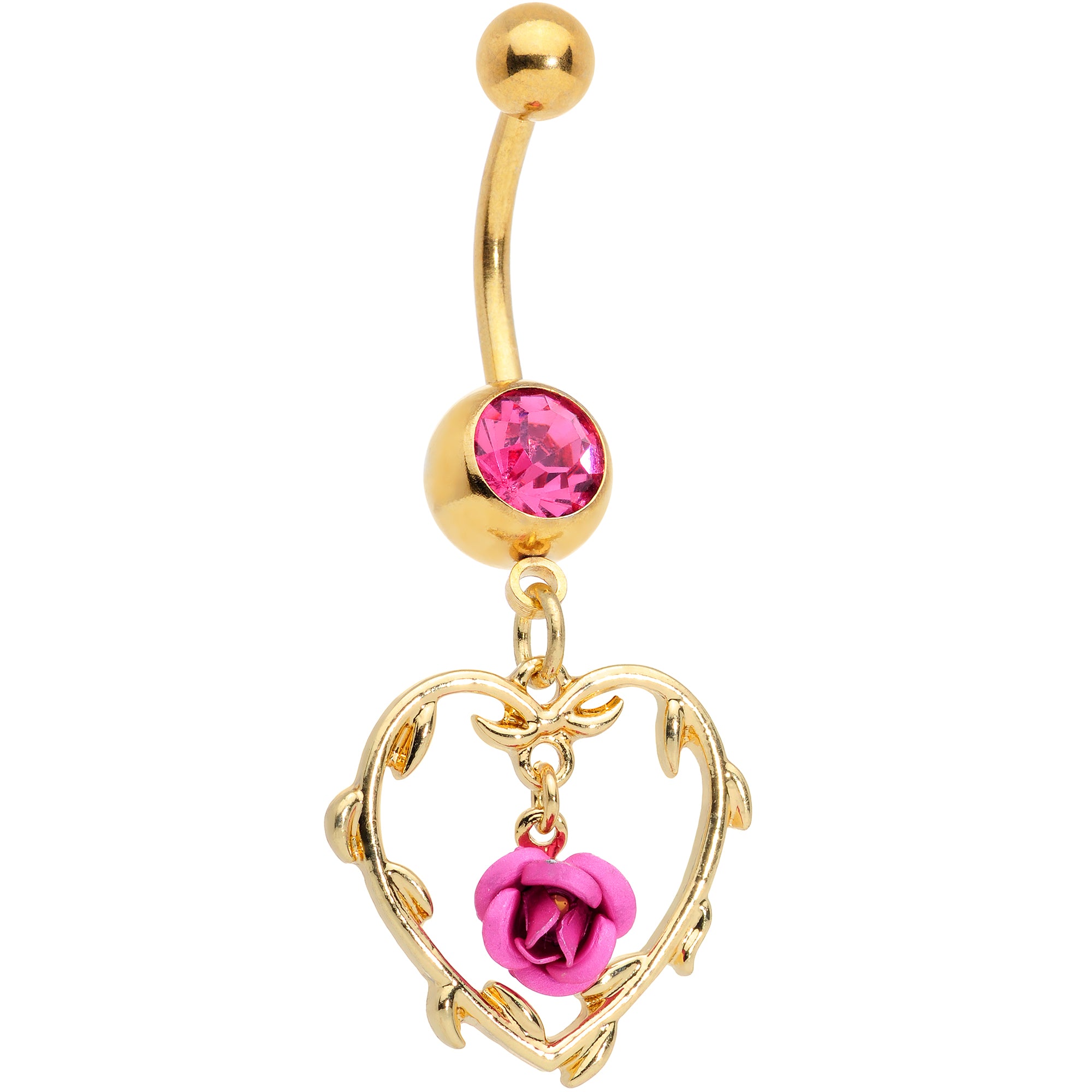 Pink Gem Gold Tone Rose Heart Valentines Day Dangle Belly Ring