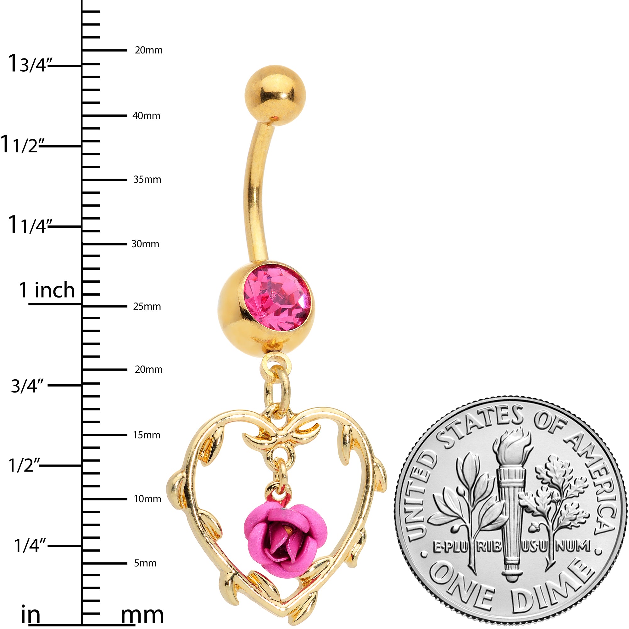 Pink Gem Gold Tone Rose Heart Valentines Day Dangle Belly Ring