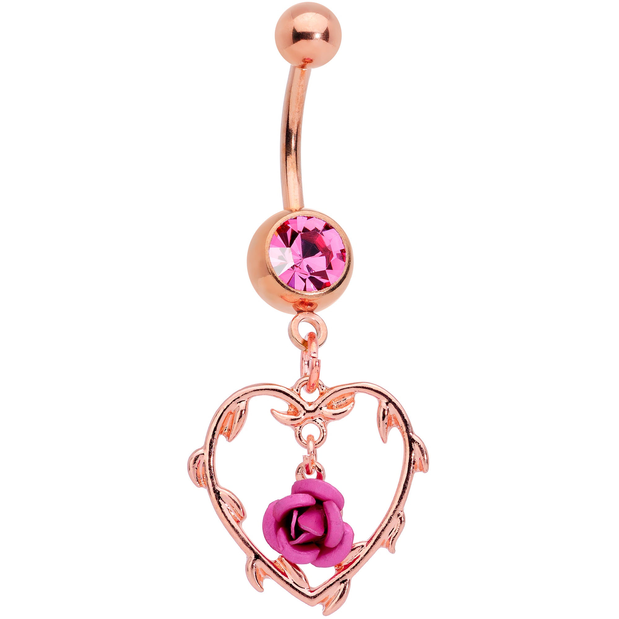 Pink Gem Rose Gold Tone Rose Heart Valentines Day Dangle Belly Ring