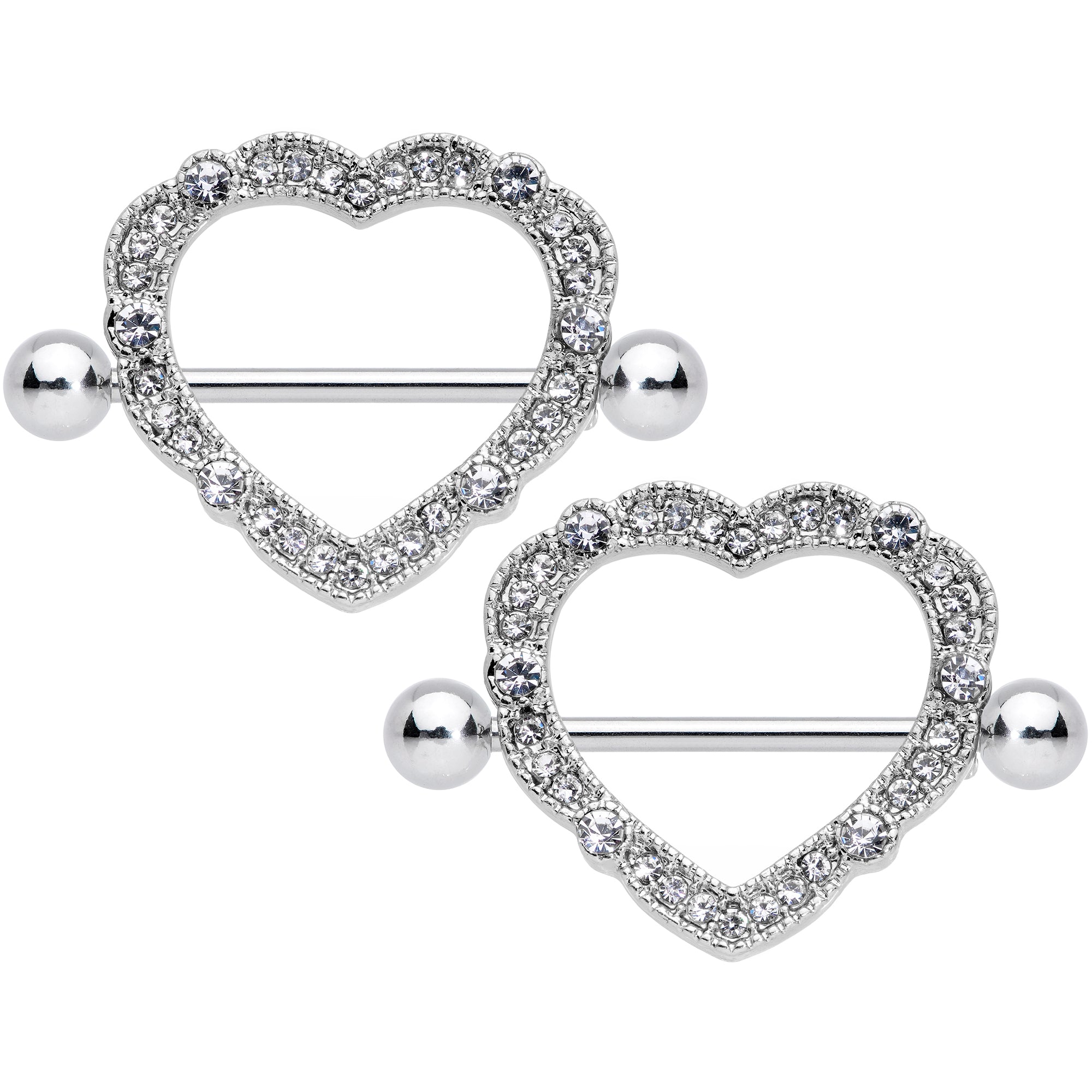 14 Gauge 9/16 Clear Gem Love Hearts Nipple Shield Set