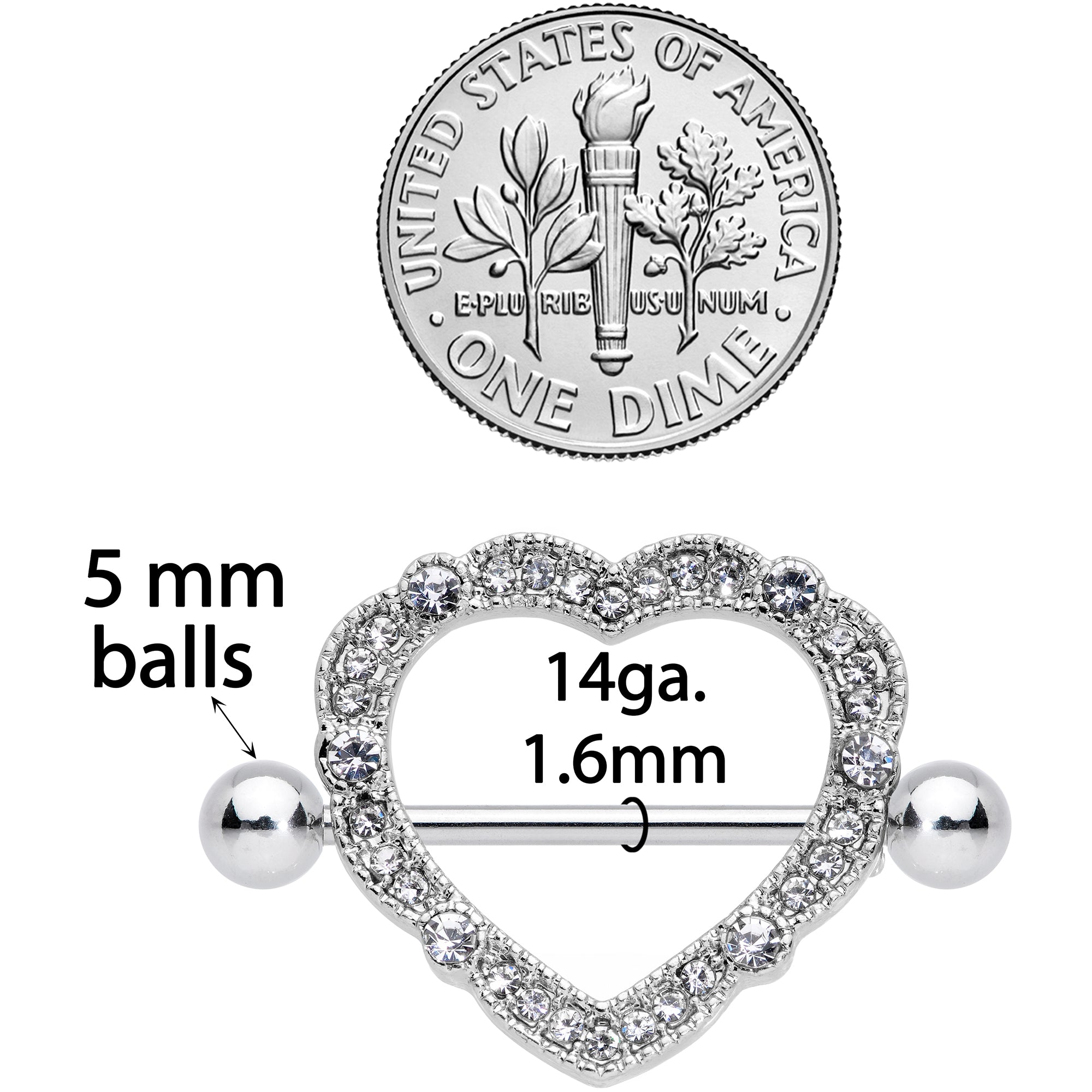 14 Gauge 9/16 Clear Gem Love Hearts Nipple Shield Set