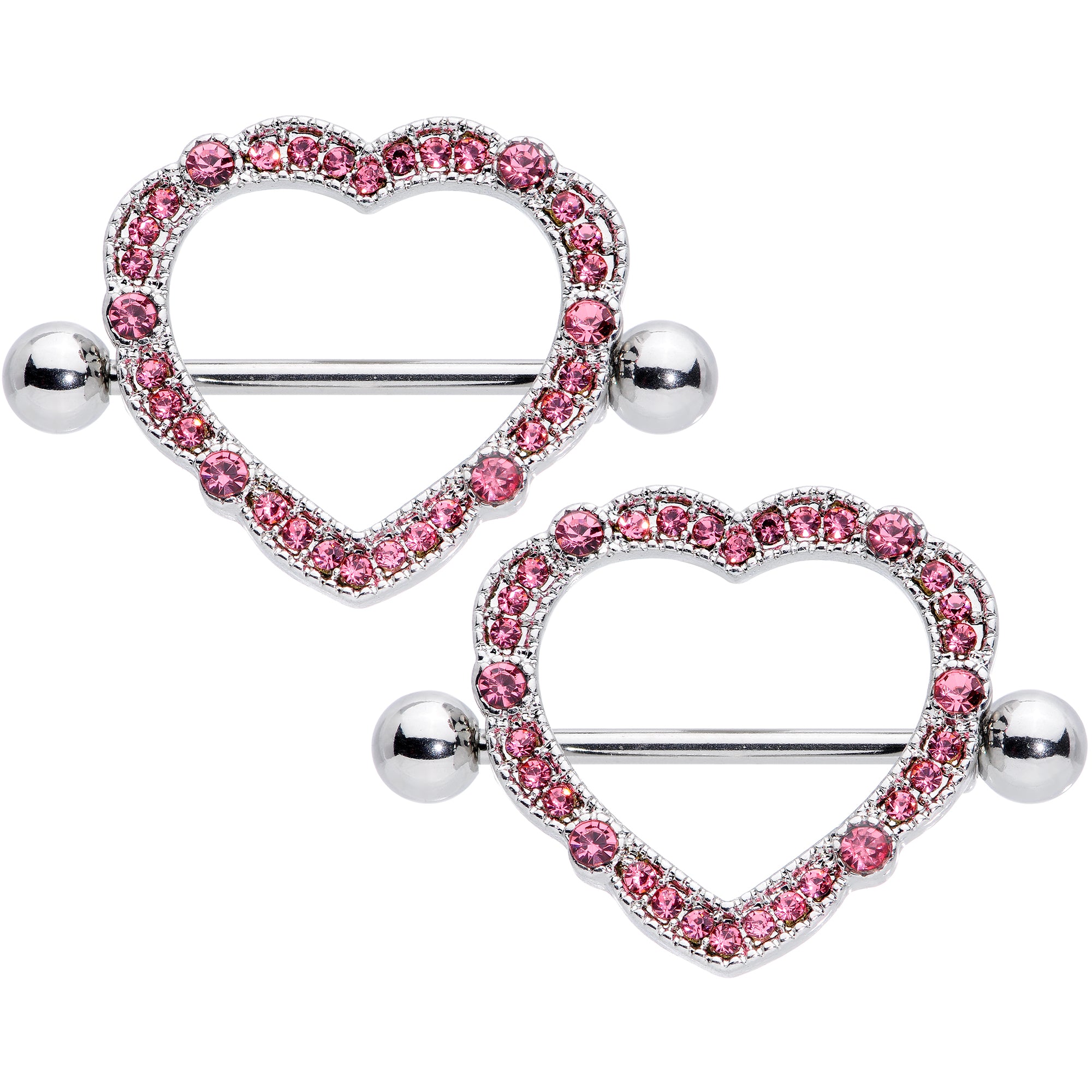 14 Gauge 9/16 Pink Gem Love Hearts Nipple Shield Set