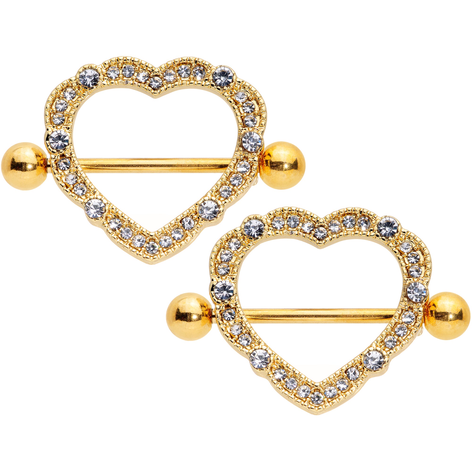 14 Gauge 9/16 Clear Gem Gold Tone Love Hearts Nipple Shield Set