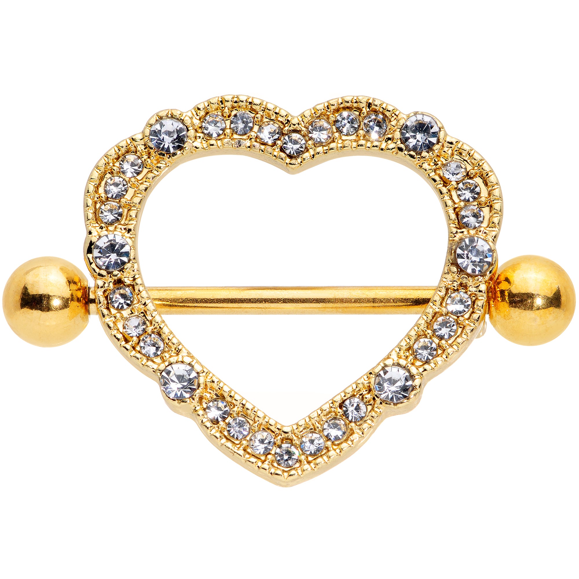 14 Gauge 9/16 Clear Gem Gold Tone Love Hearts Nipple Shield Set