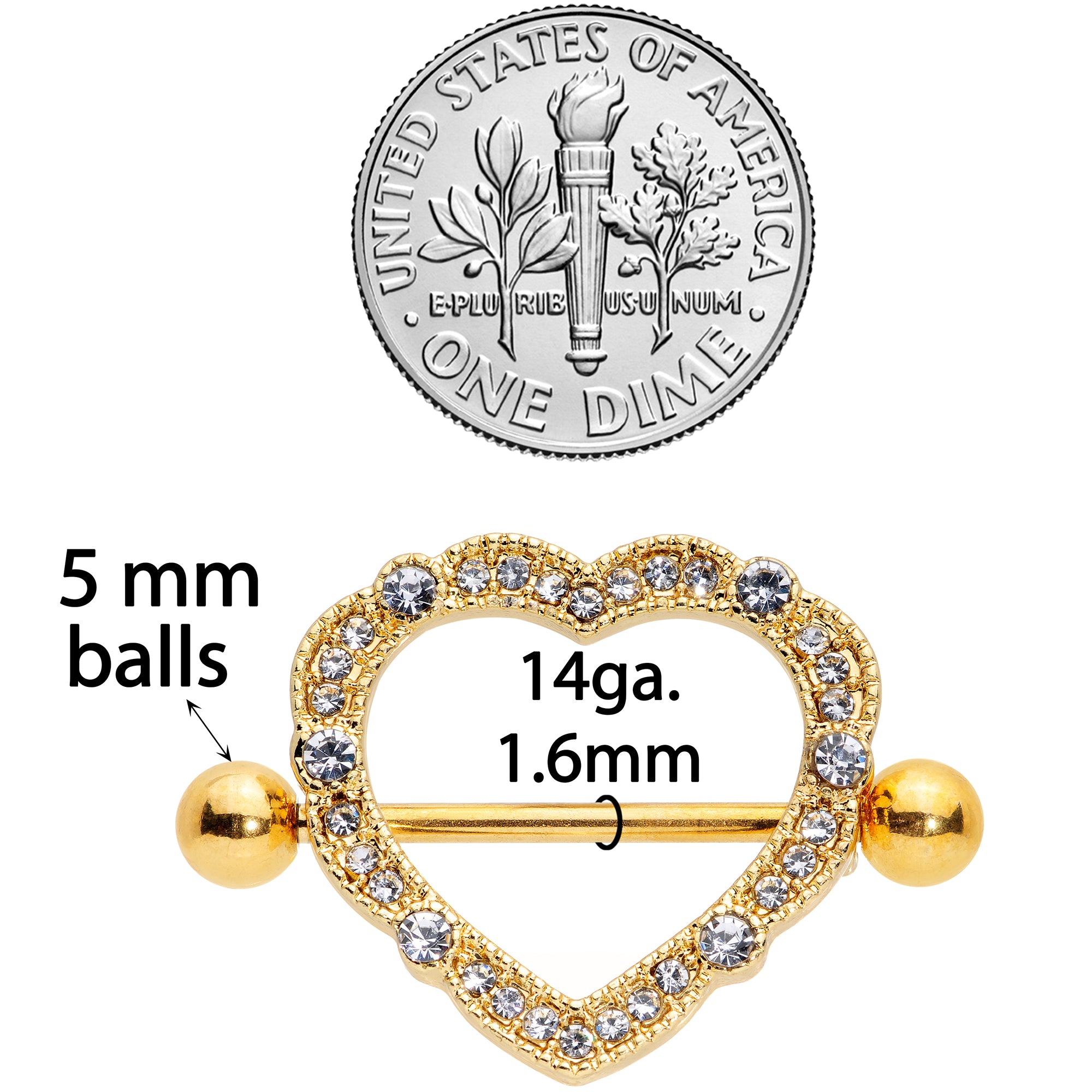 14 Gauge 9/16 Clear Gem Gold Tone Love Hearts Nipple Shield Set