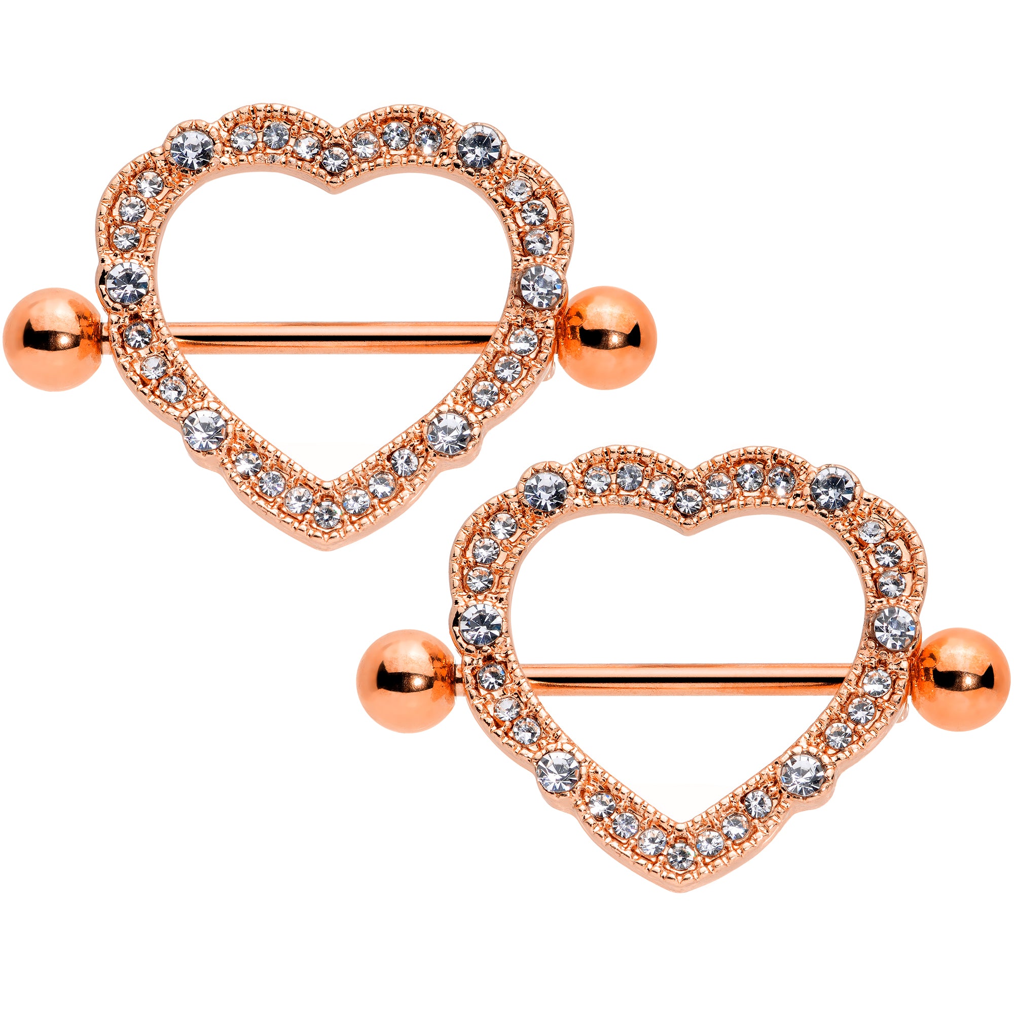 14 Gauge 9/16 Clear Gem Rose Gold Tone Love Hearts Nipple Shield Set