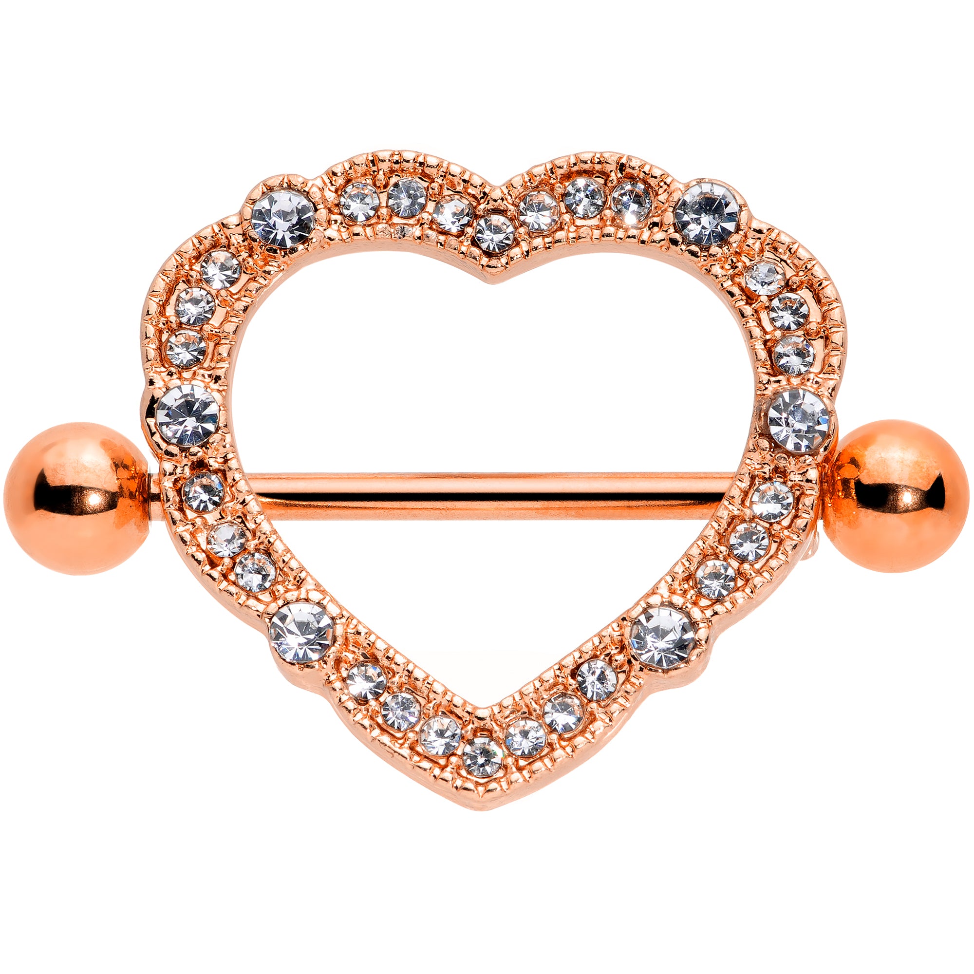 14 Gauge 9/16 Clear Gem Rose Gold Tone Love Hearts Nipple Shield Set