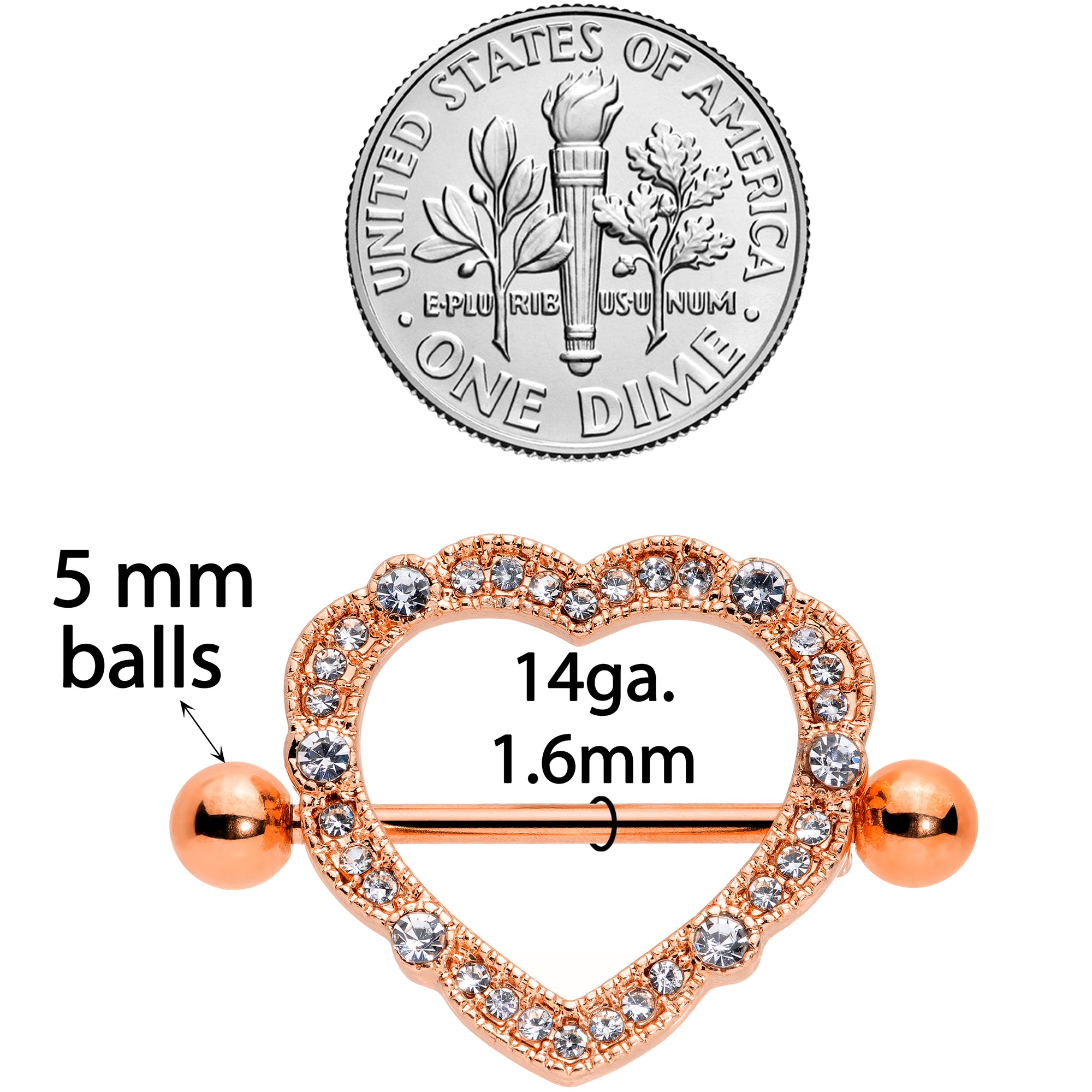 14 Gauge 9/16 Clear Gem Rose Gold Tone Love Hearts Nipple Shield Set