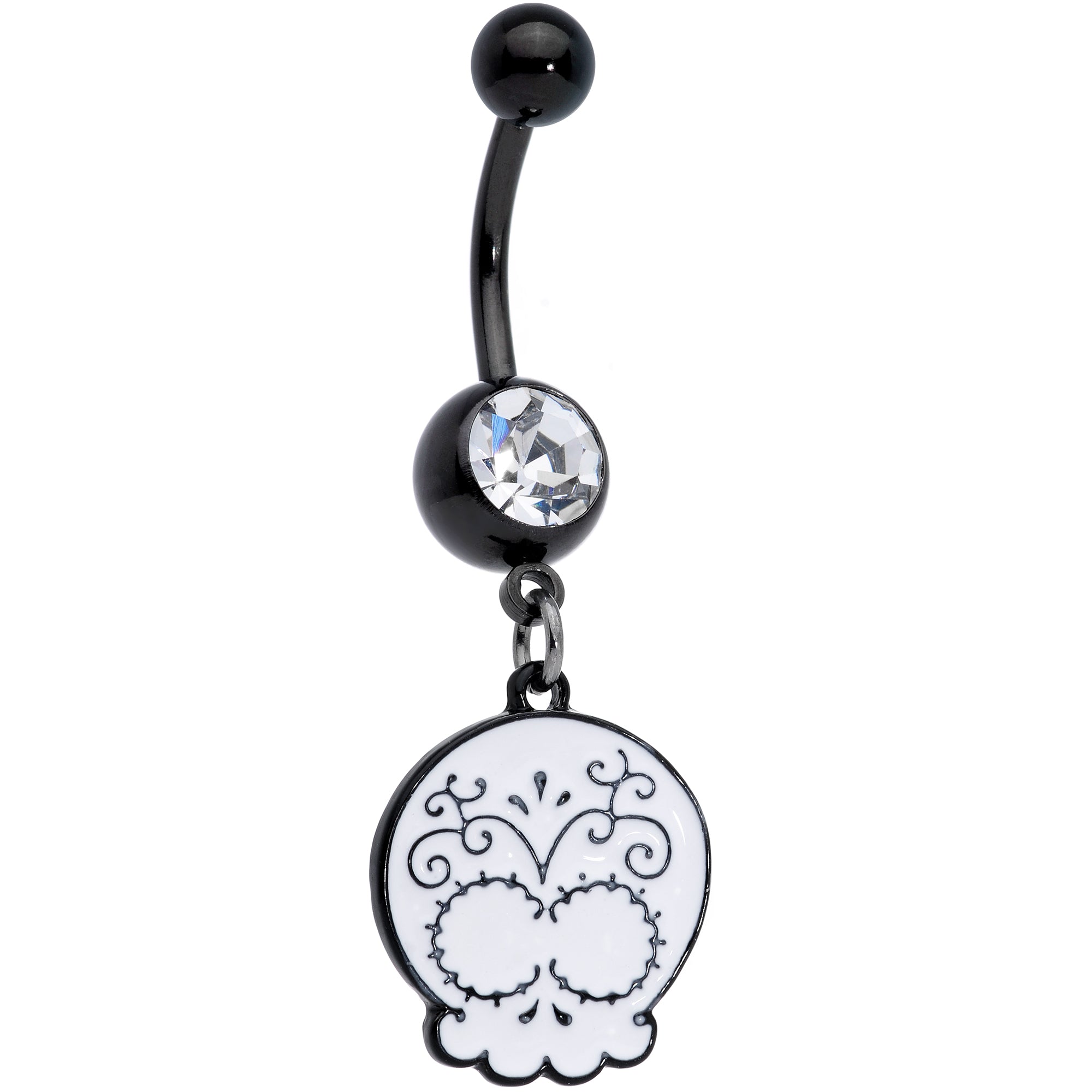 Clear Gem Black White Calavera Sugar Skull Dangle Belly Ring