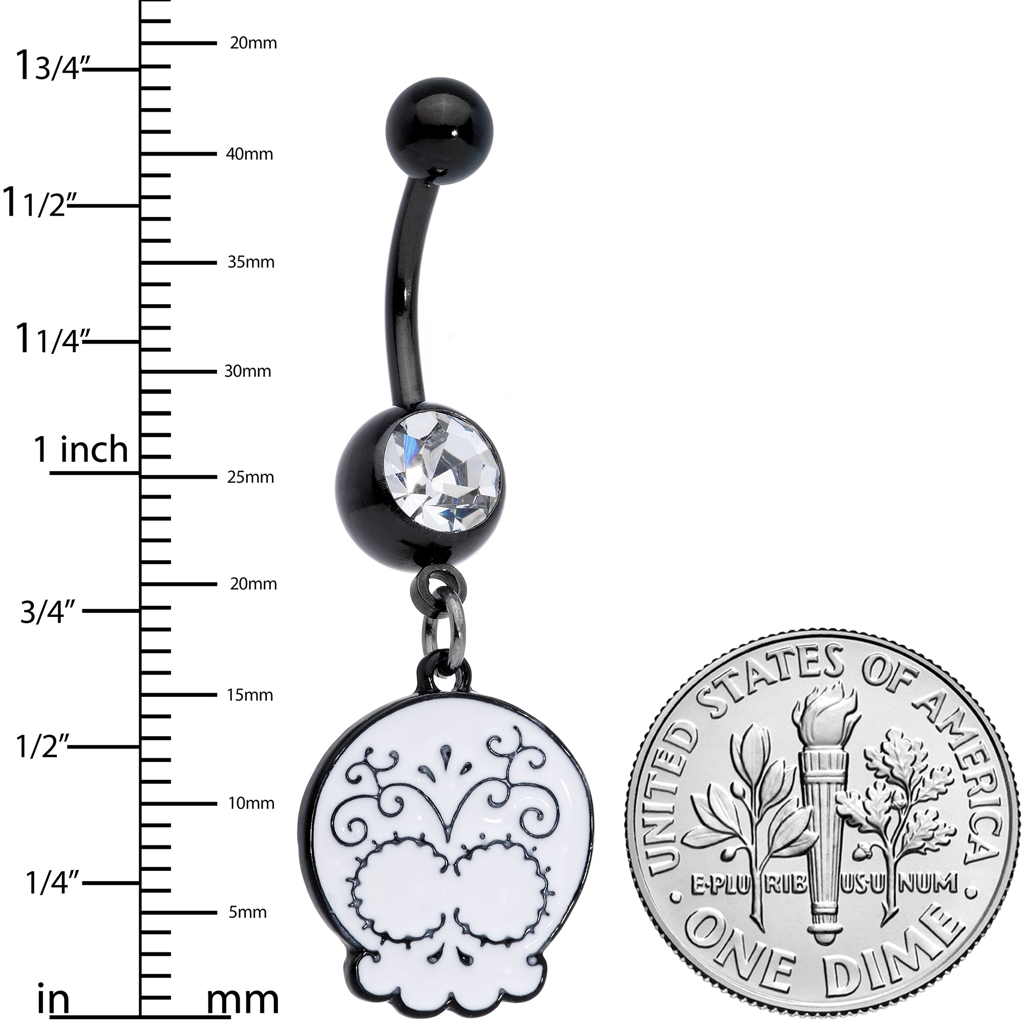 Clear Gem Black White Calavera Sugar Skull Dangle Belly Ring