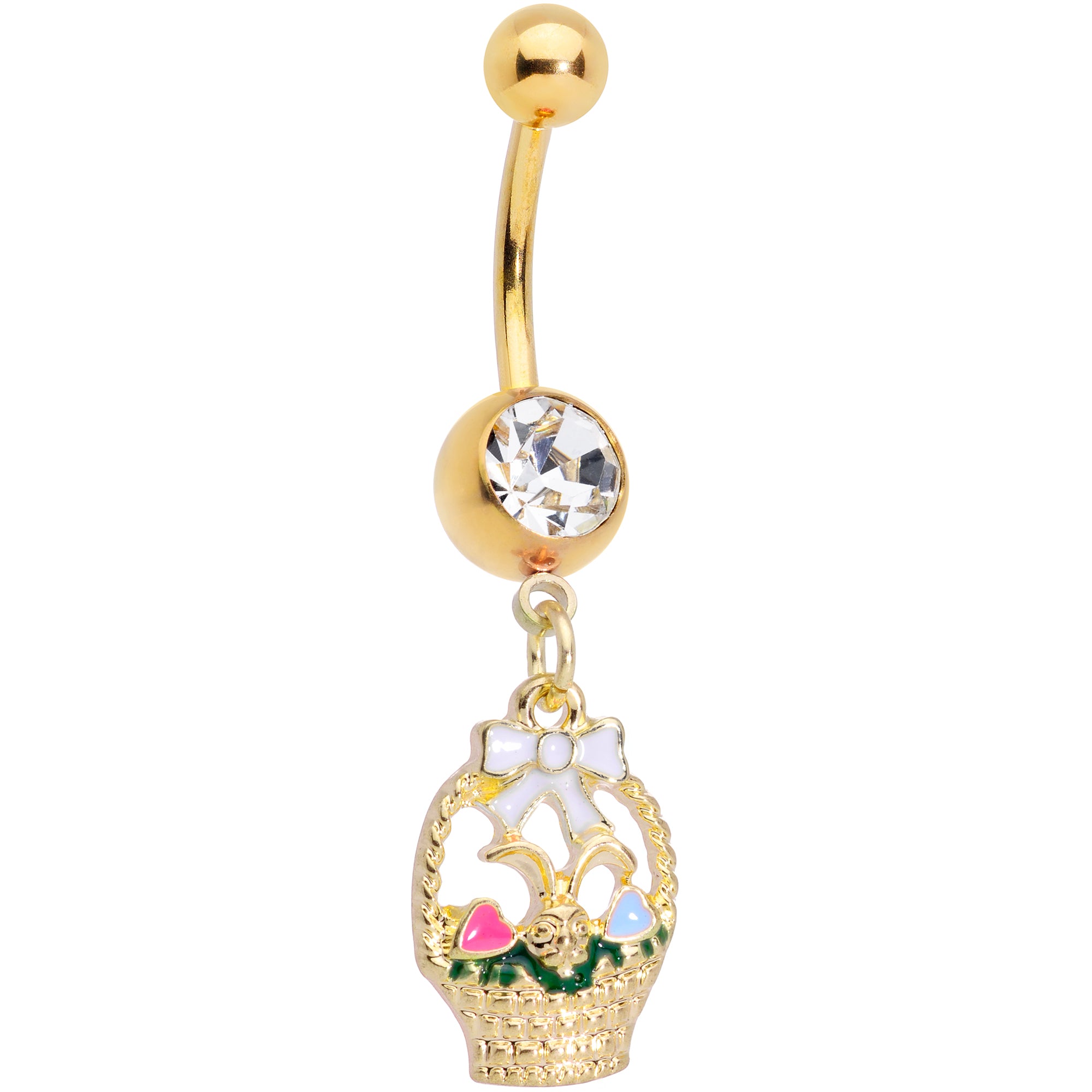 Clear Gem Gold Tone Easter Basket Dangle Belly Ring