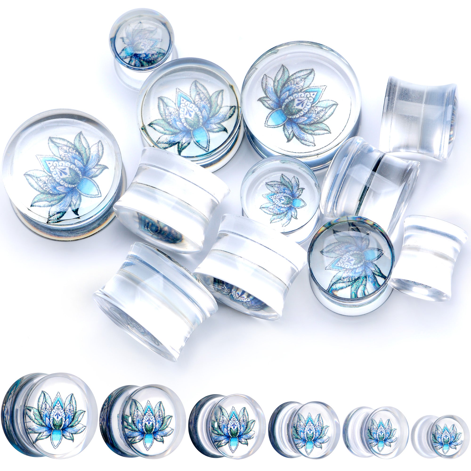 Clear Blue Acrylic Lotus Flower Saddle Plug Set