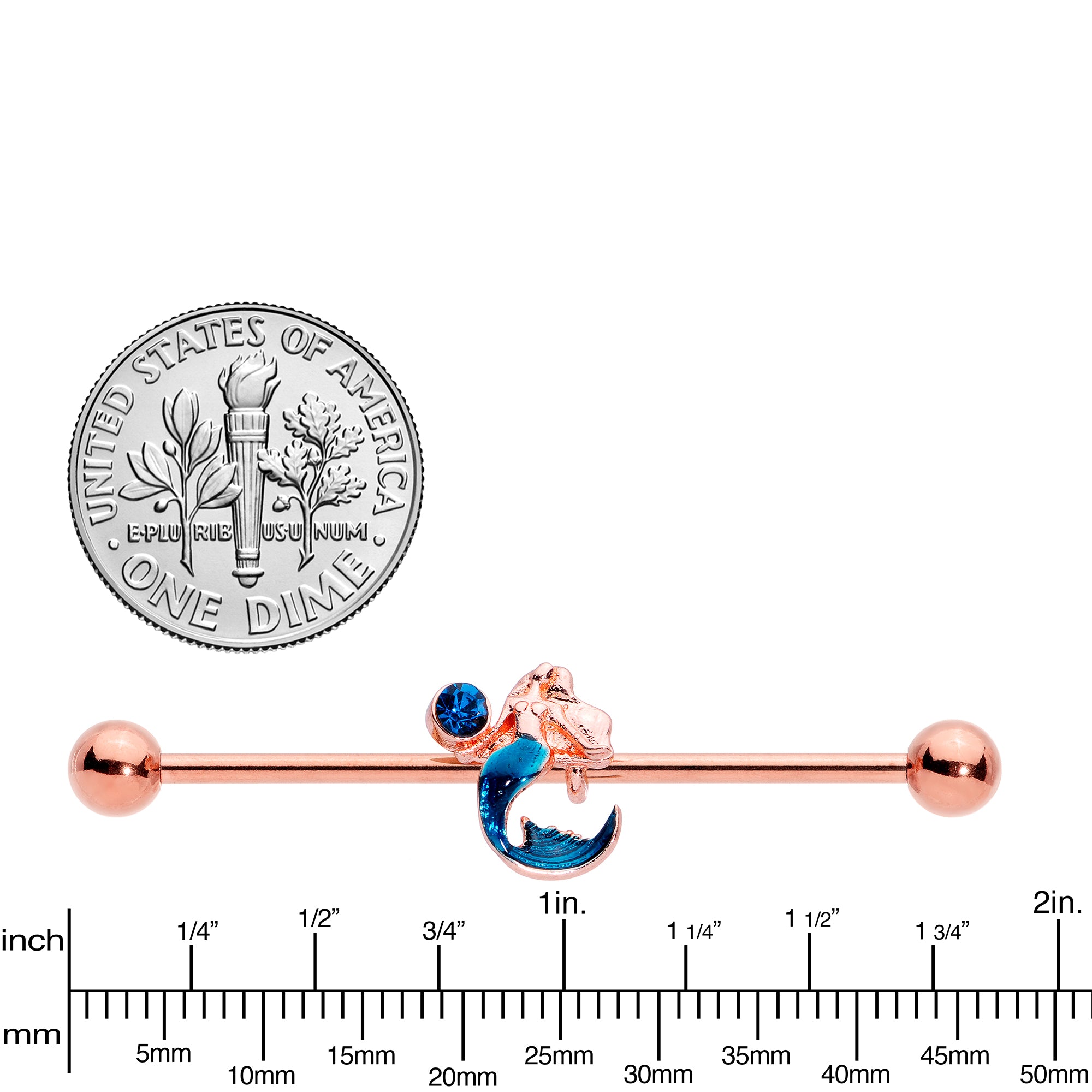 14 Gauge Aqua Gem Rose Gold Tone Mermaid Industrial Barbell 38mm