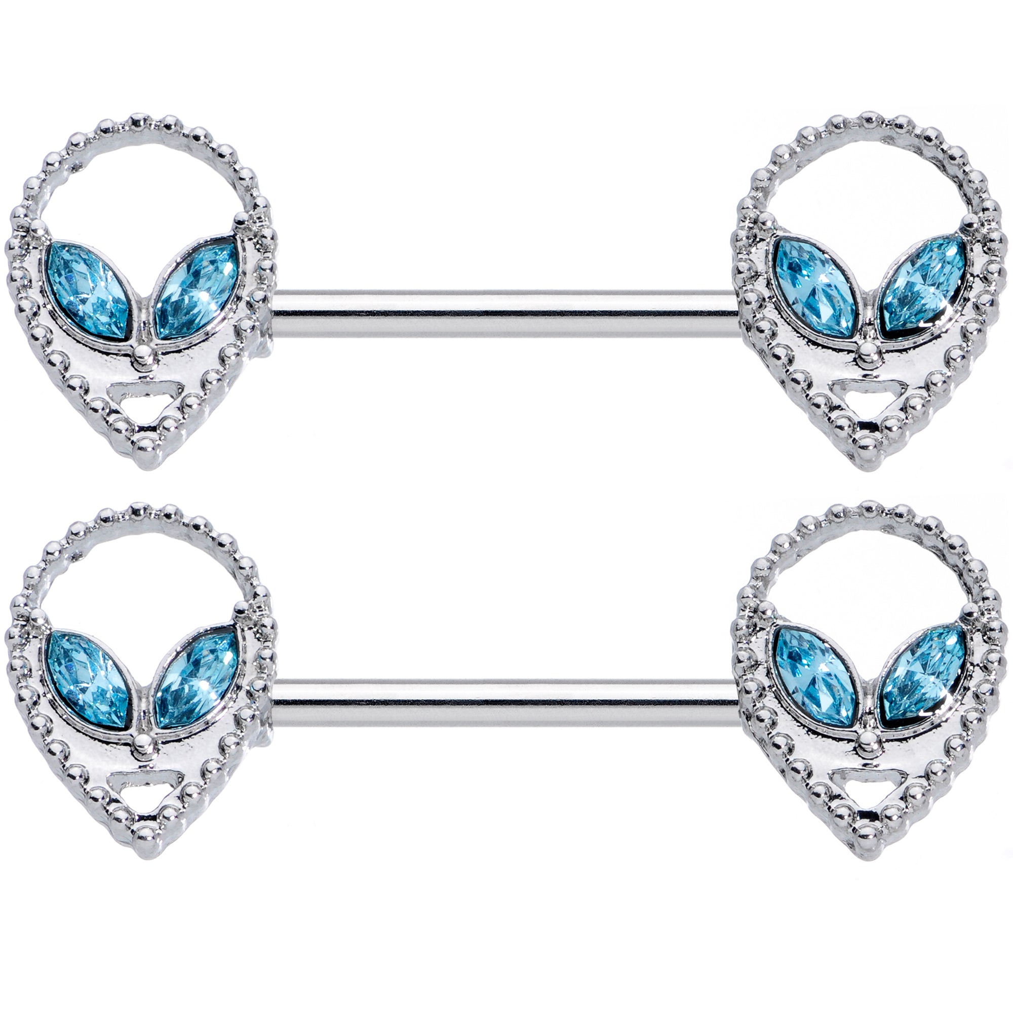 14 Gauge 5/8 Aqua Gem Hollow Alien Barbell Nipple Ring Set