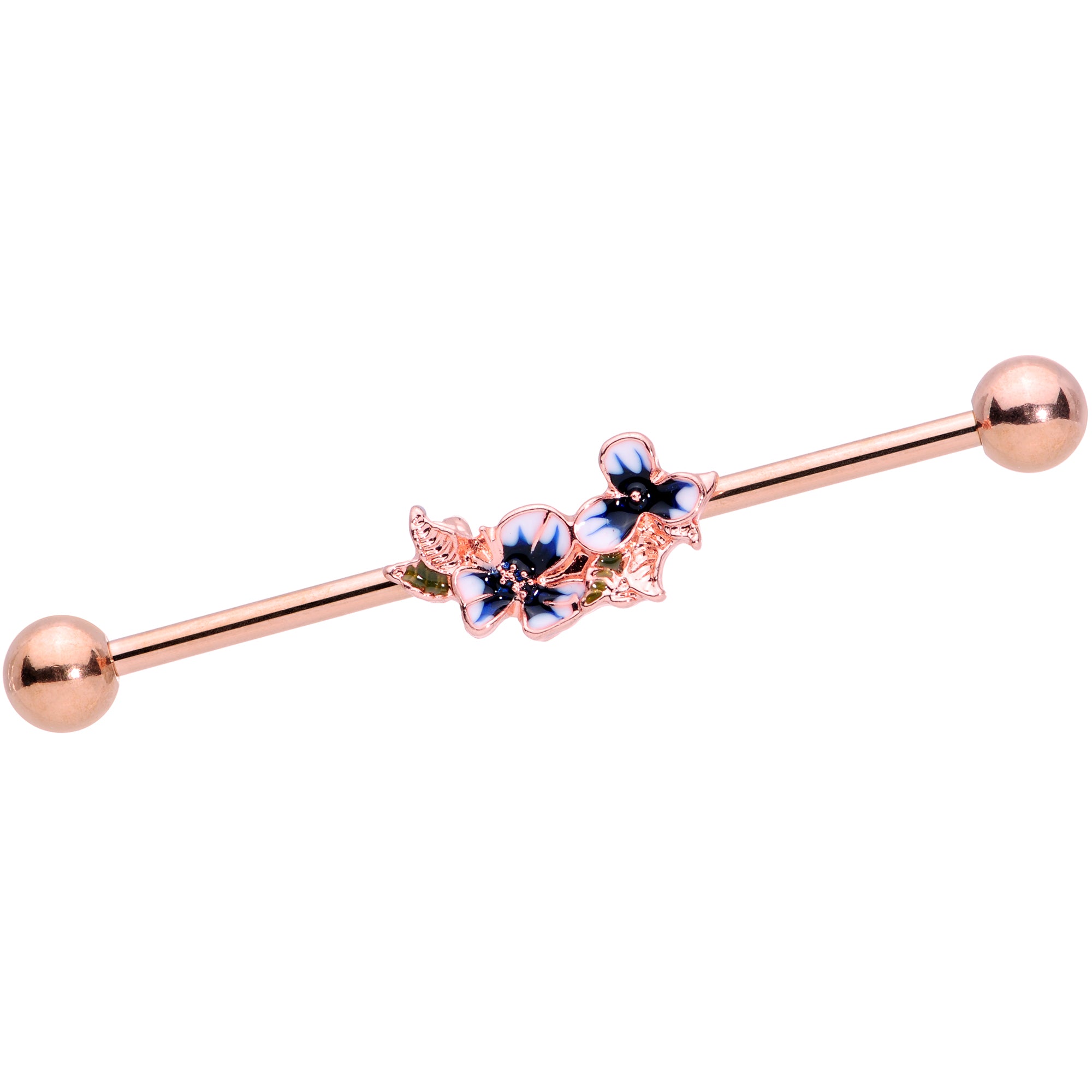 14 Gauge Rose Gold Tone Blue Tropical Flower Industrial Barbell 38mm