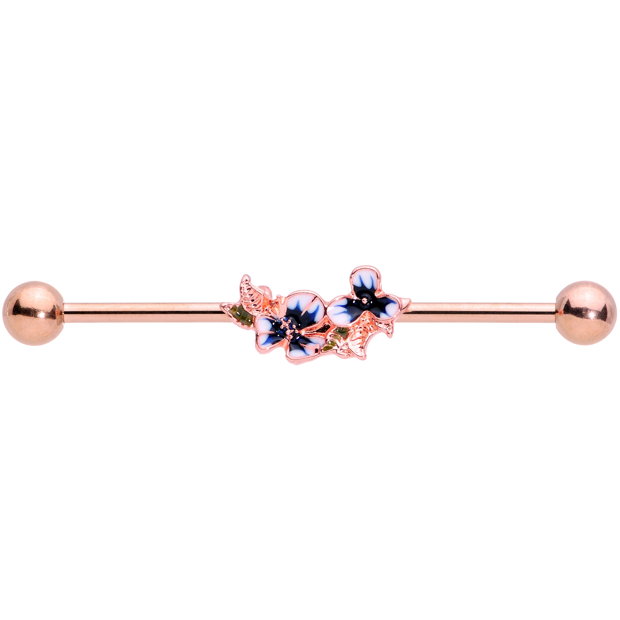 14 Gauge Rose Gold Tone Blue Tropical Flower Industrial Barbell 38mm