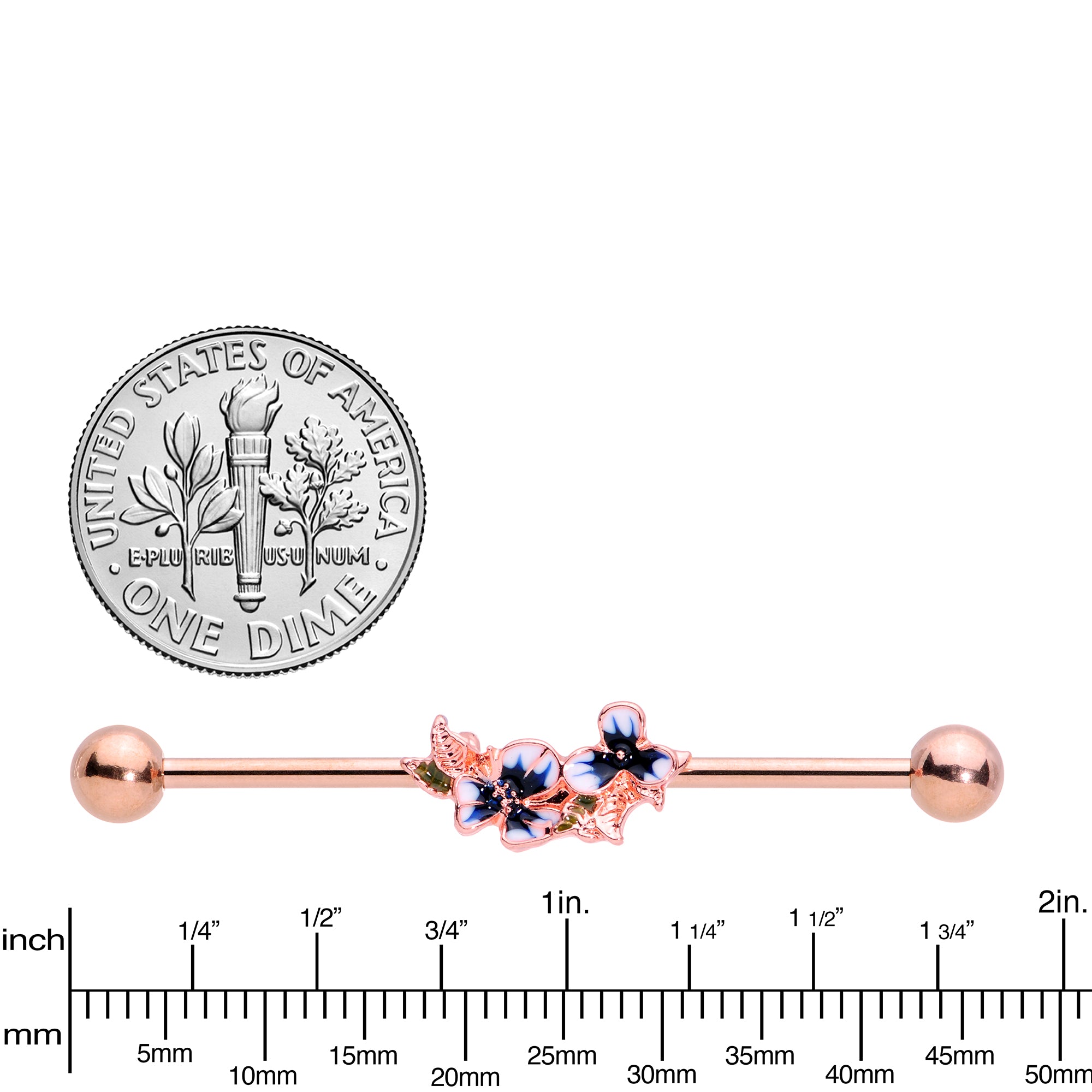 14 Gauge Rose Gold Tone Blue Tropical Flower Industrial Barbell 38mm