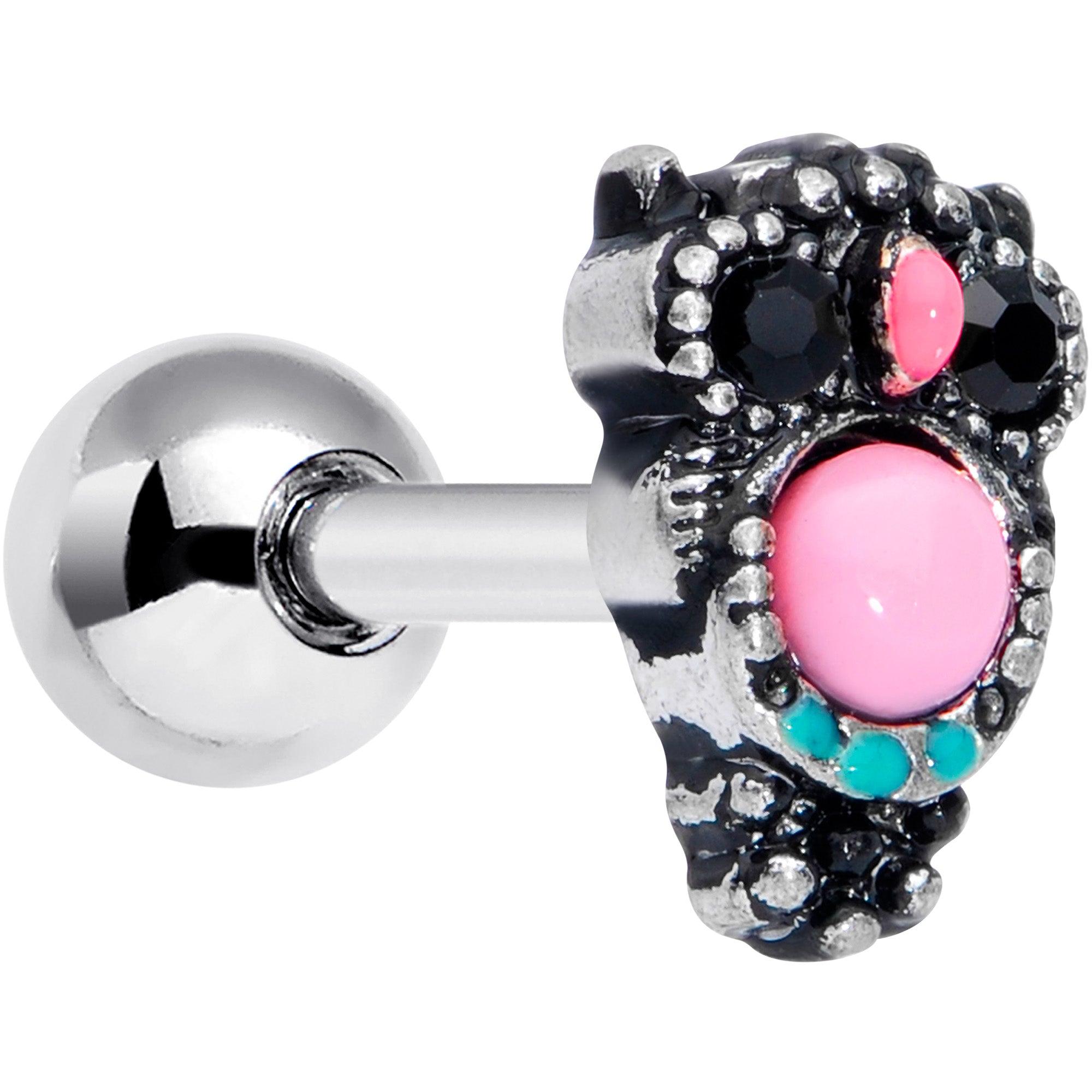 16 Gauge 1/4 Black Gem Pink Orb Owl Cartilage Tragus Earring