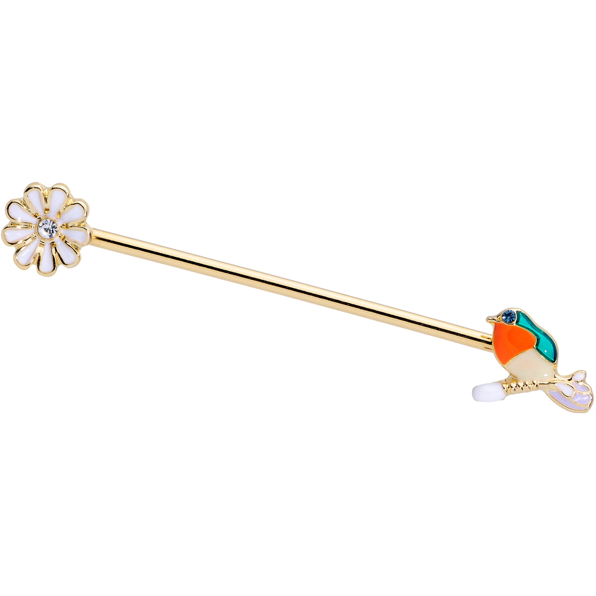 14 Gauge Green Gem Gold Tone Perch Bird Industrial Barbell 38mm