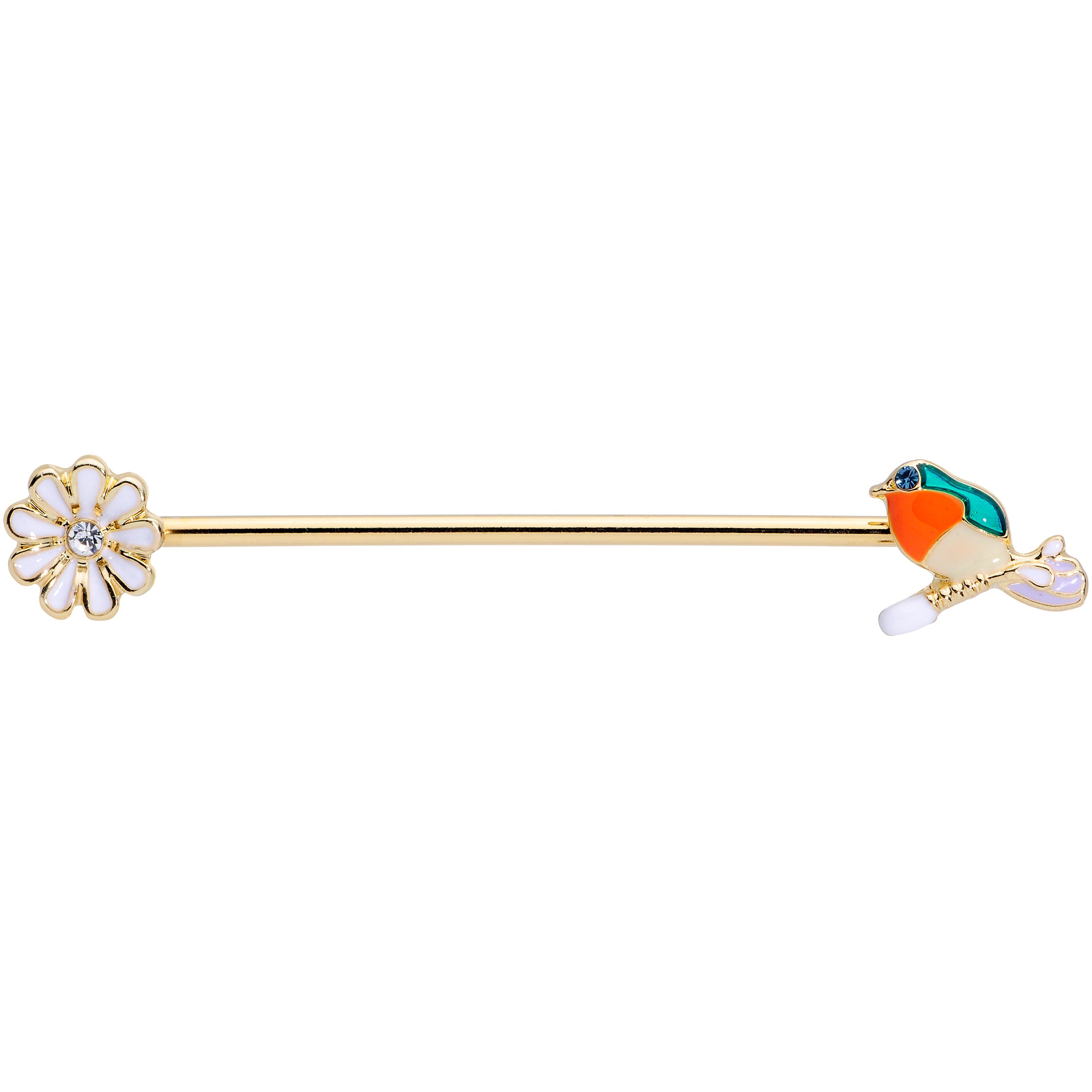 14 Gauge Green Gem Gold Tone Perch Bird Industrial Barbell 38mm