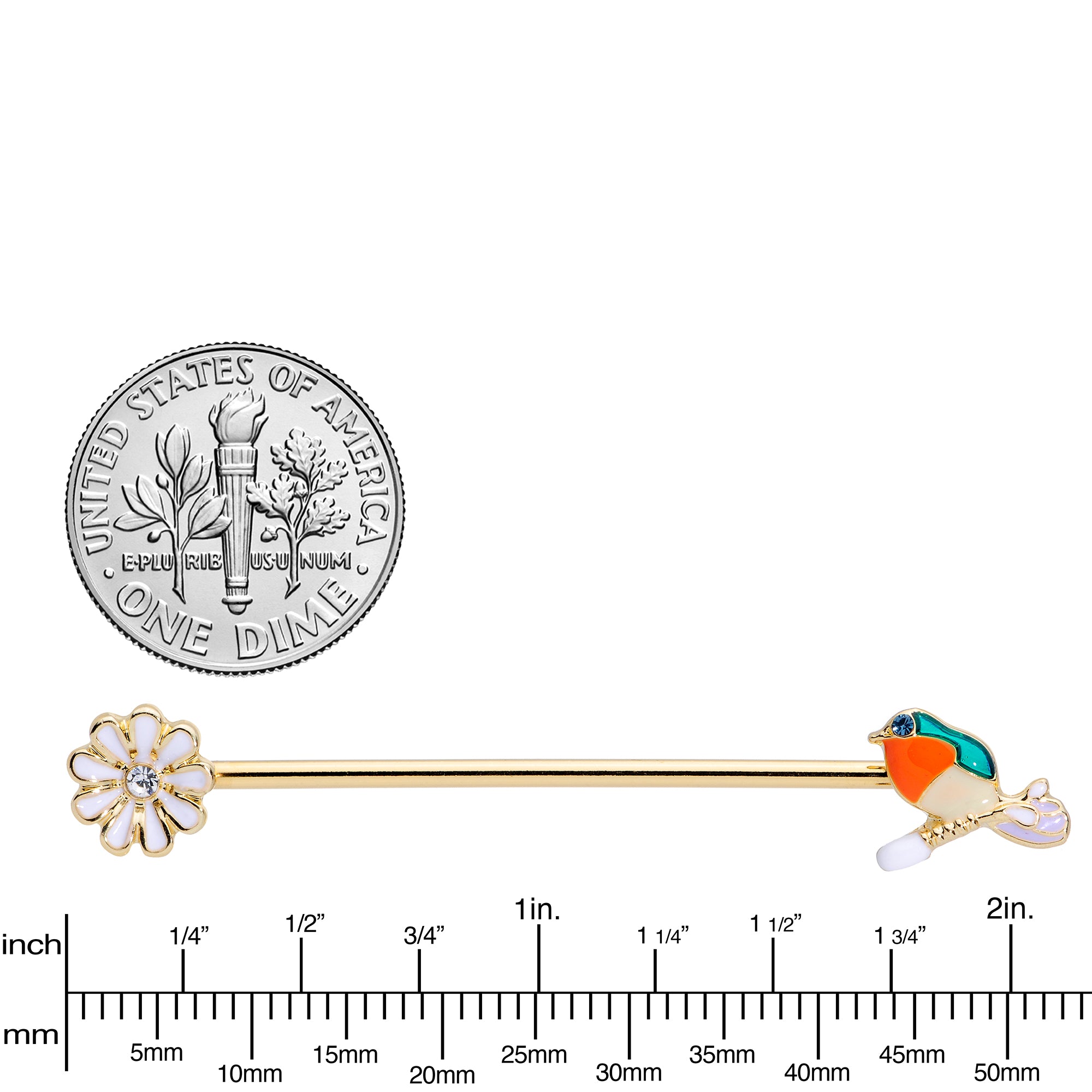 14 Gauge Green Gem Gold Tone Perch Bird Industrial Barbell 38mm