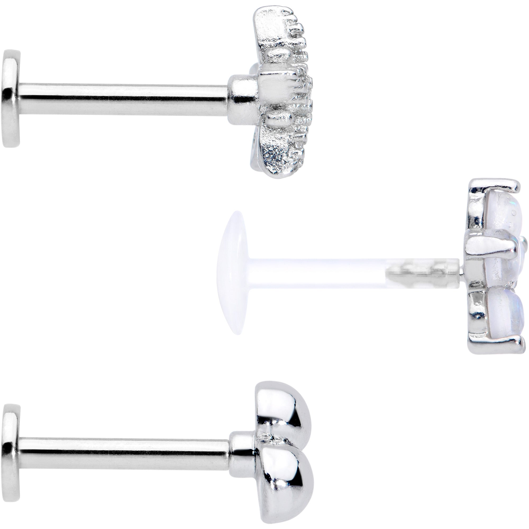 16 Gauge 5/16 CZ Gem White Faux Opal Bioplast Labret Tragus Set of 3