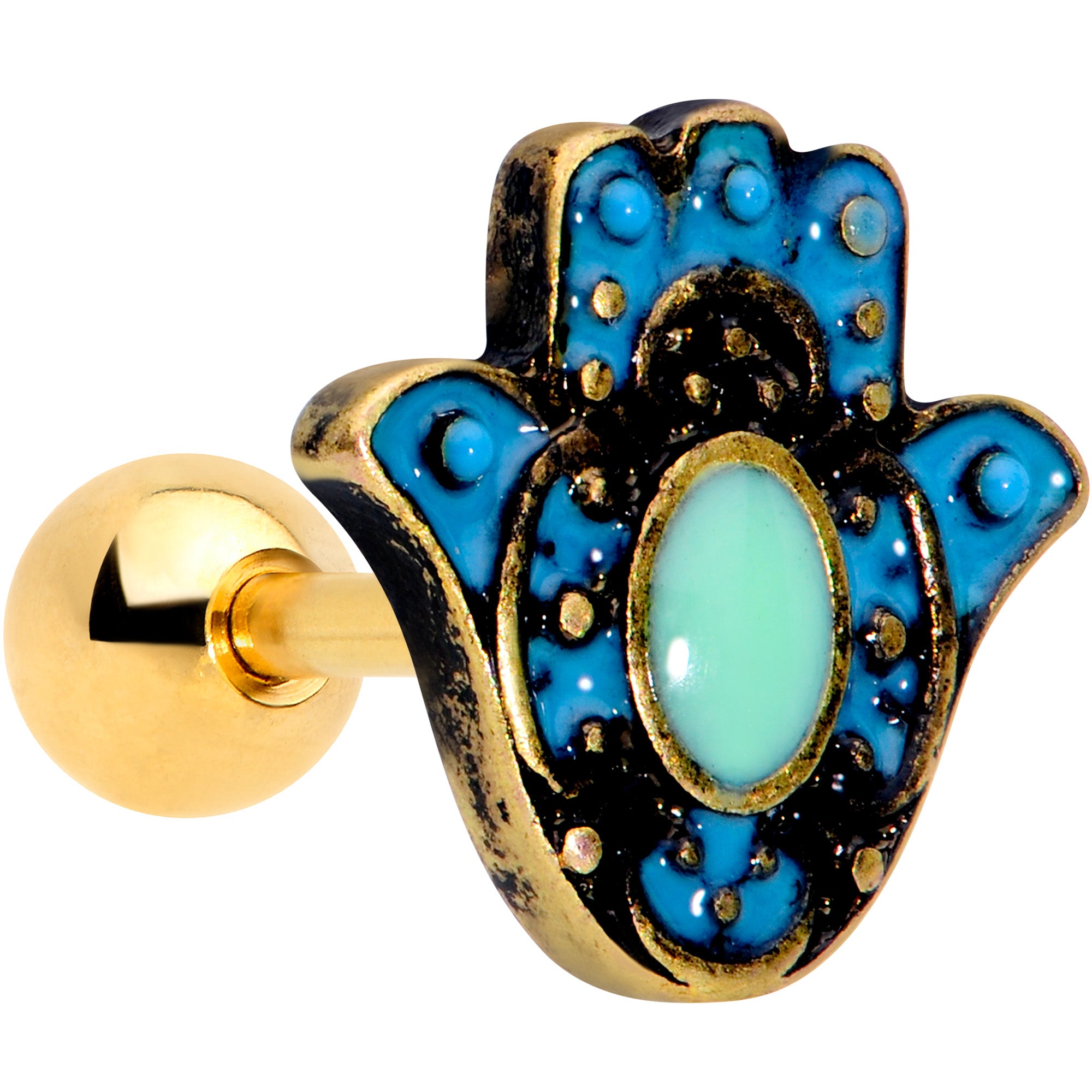 16 Gauge 1/4 Gold Tone Aqua Ornate Hamsa Hand Cartilage Tragus