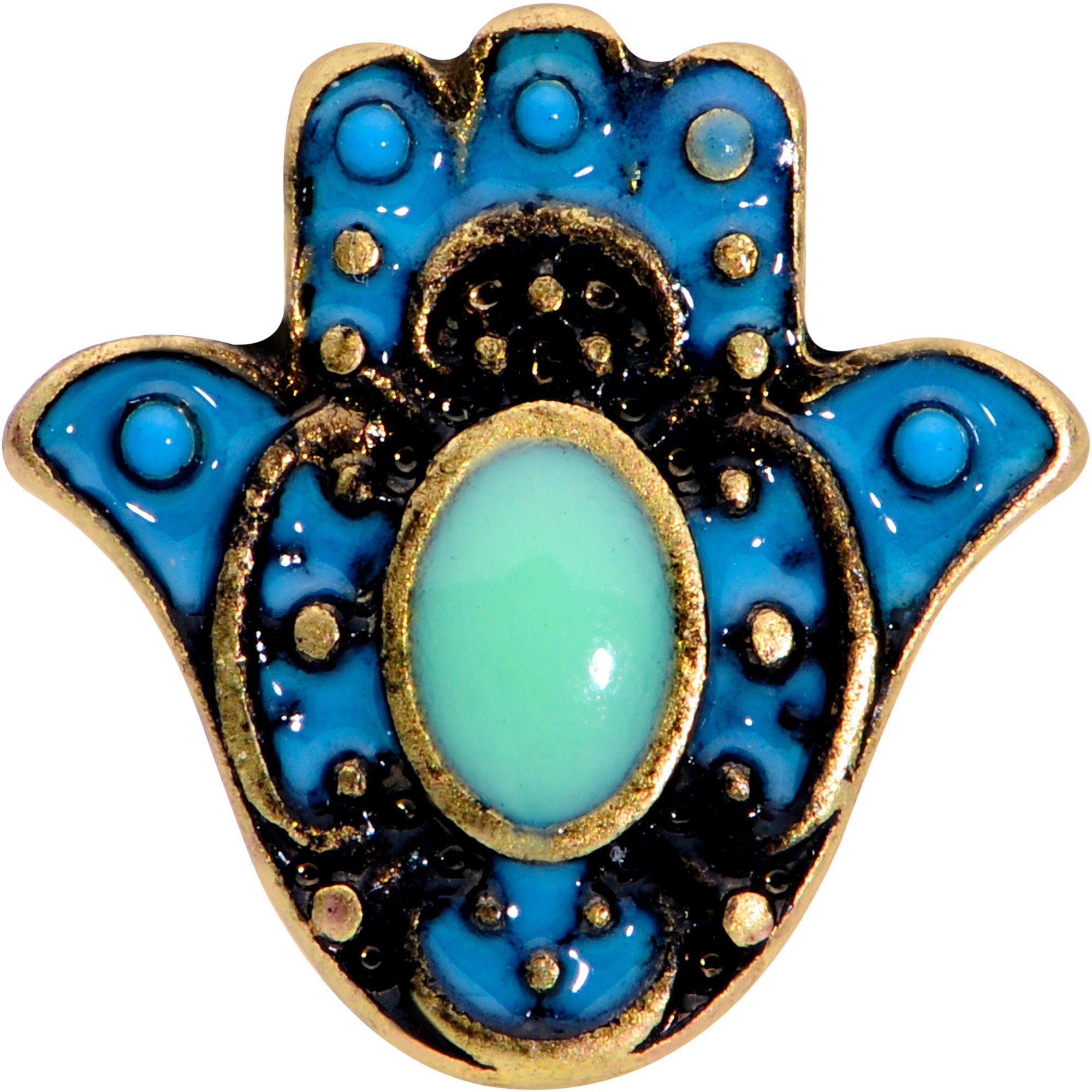 16 Gauge 1/4 Gold Tone Aqua Ornate Hamsa Hand Cartilage Tragus