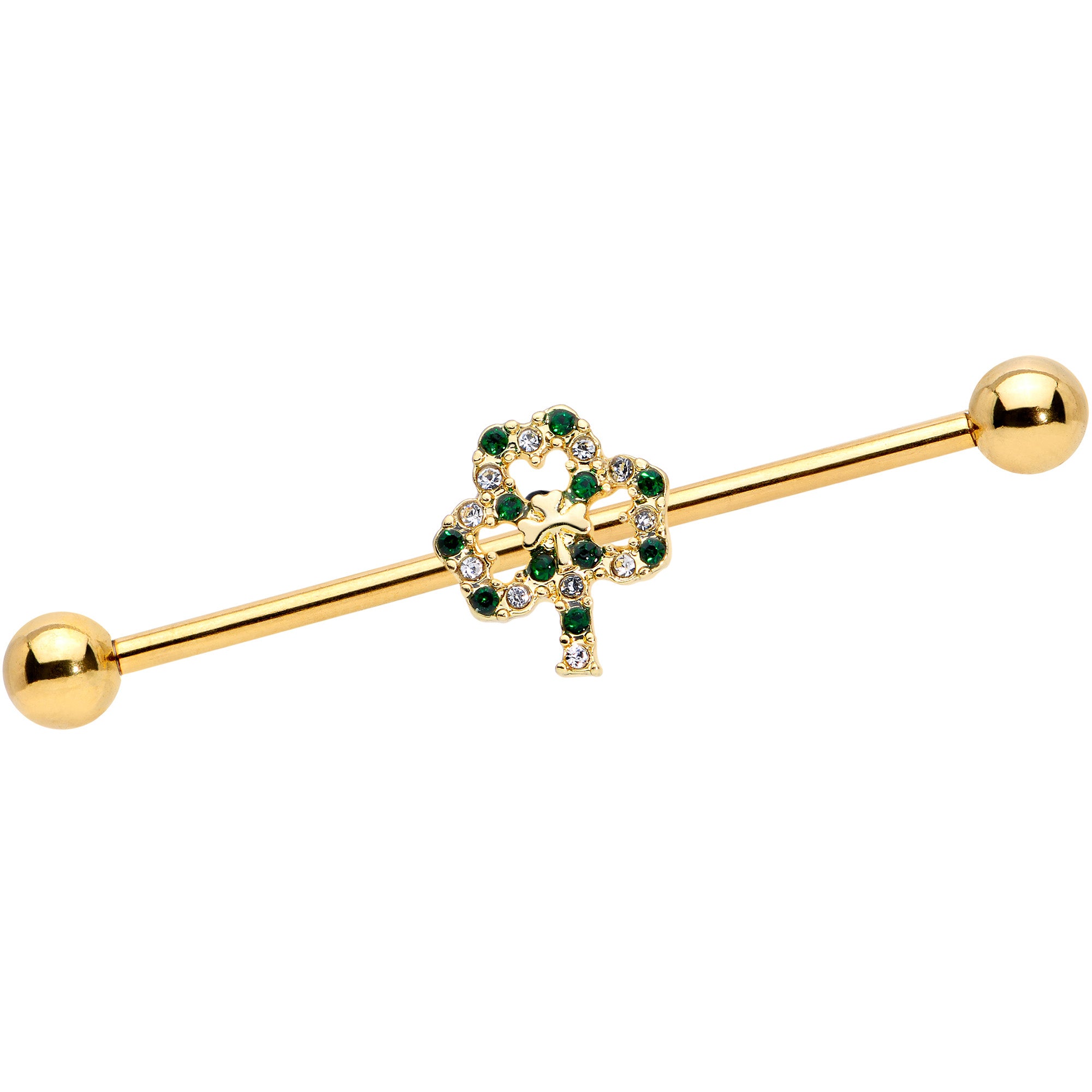 14 Gauge Green Gem Gold Tone Double Shamrock Industrial Barbell 38mm