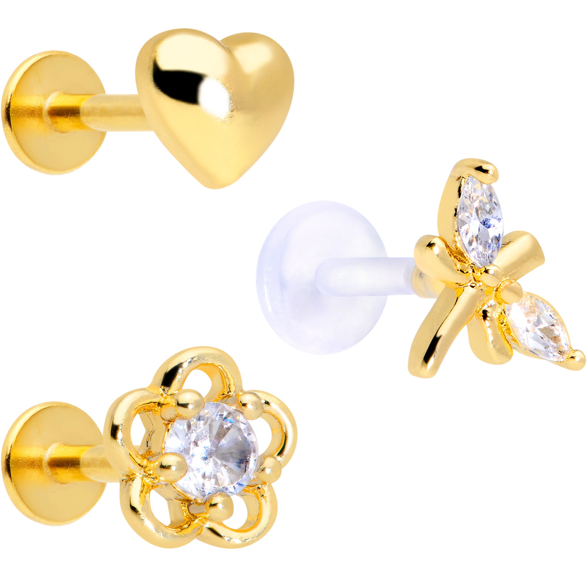 16 Gauge 5/16 Clear CZ Gem Gold Tone Heart Labret Tragus Set of 3