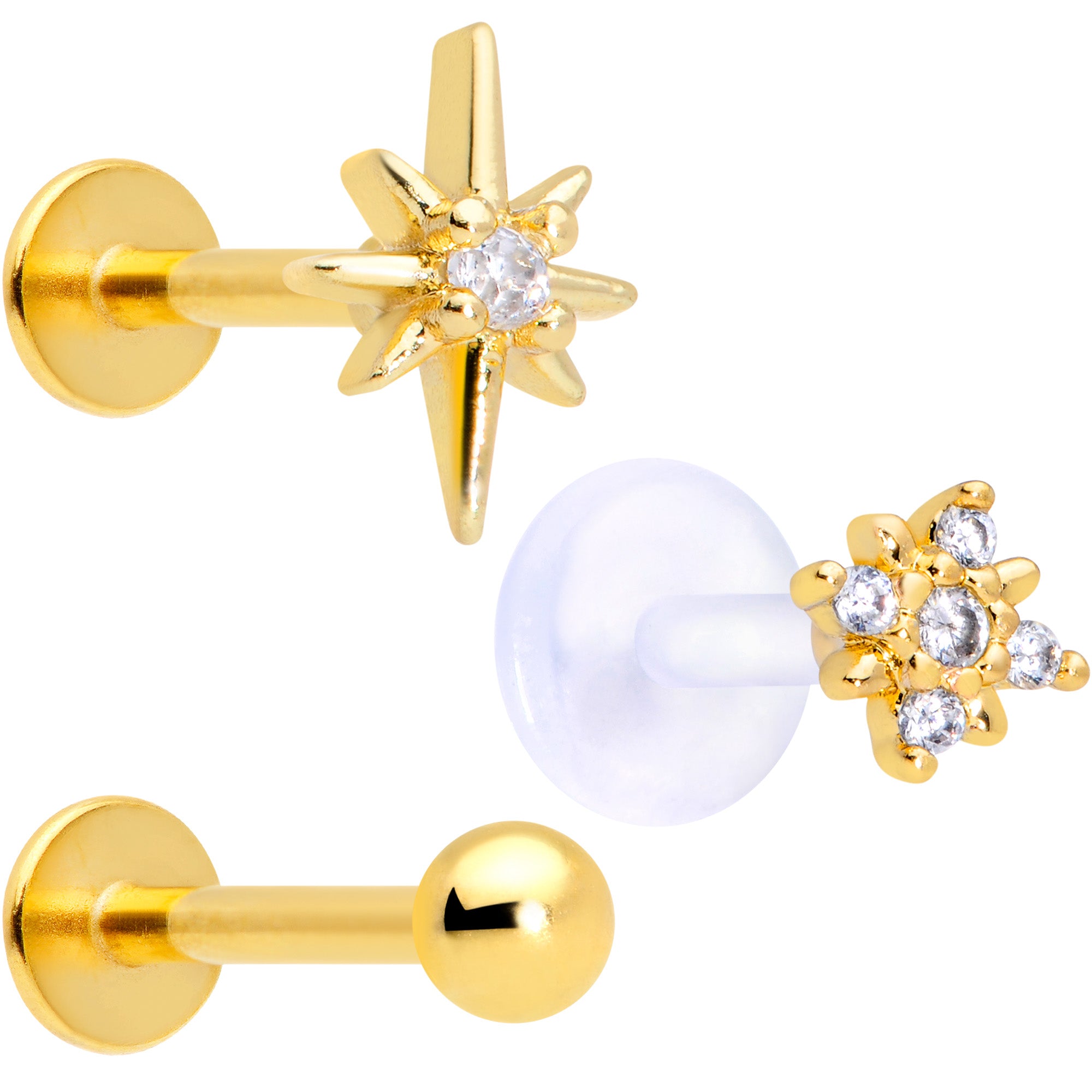 16 Gauge 5/16 Clear CZ Gem Gold Tone Stars Labret Tragus Set of 3